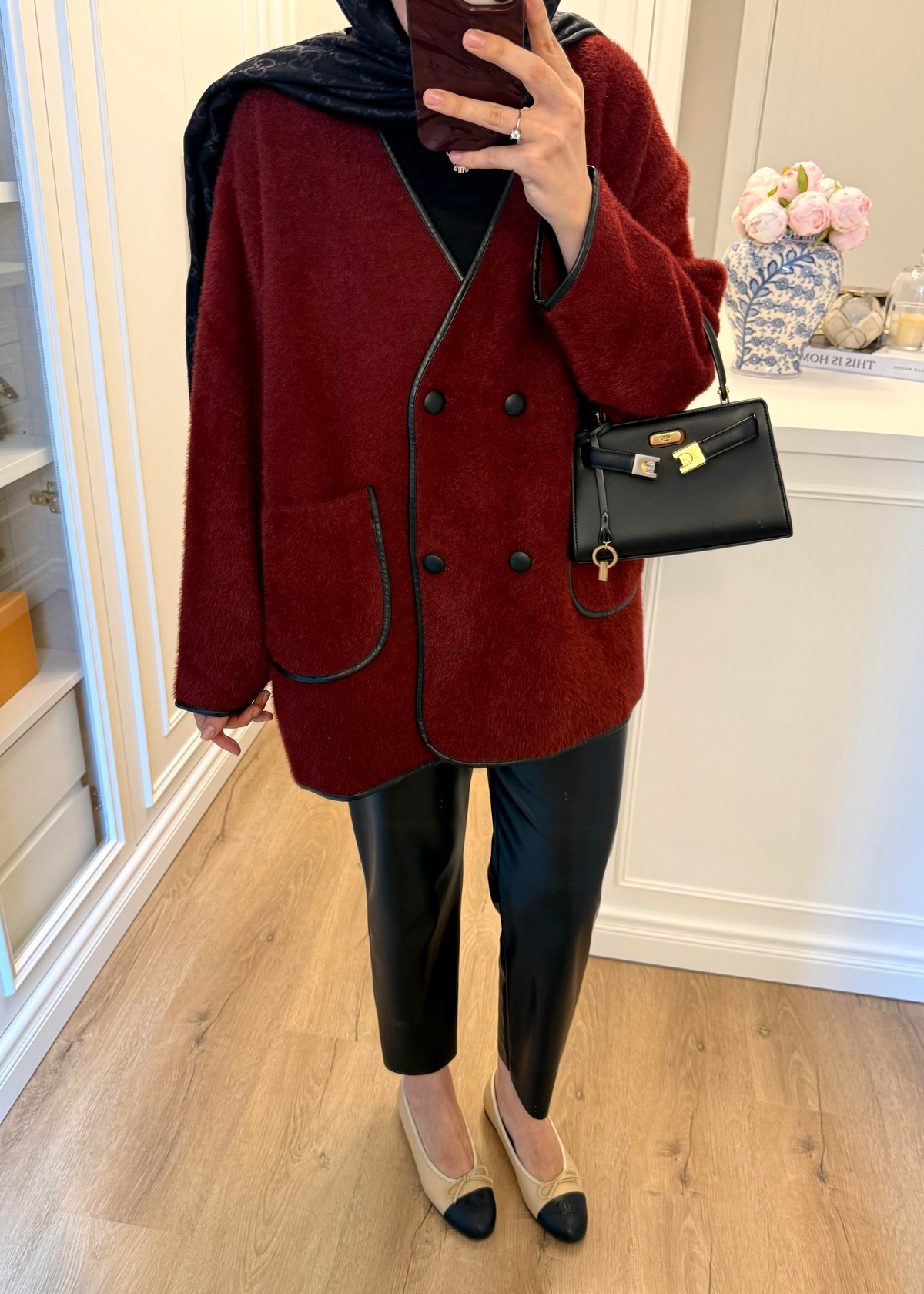 Deri Biyeli Angora Hırka Bordo