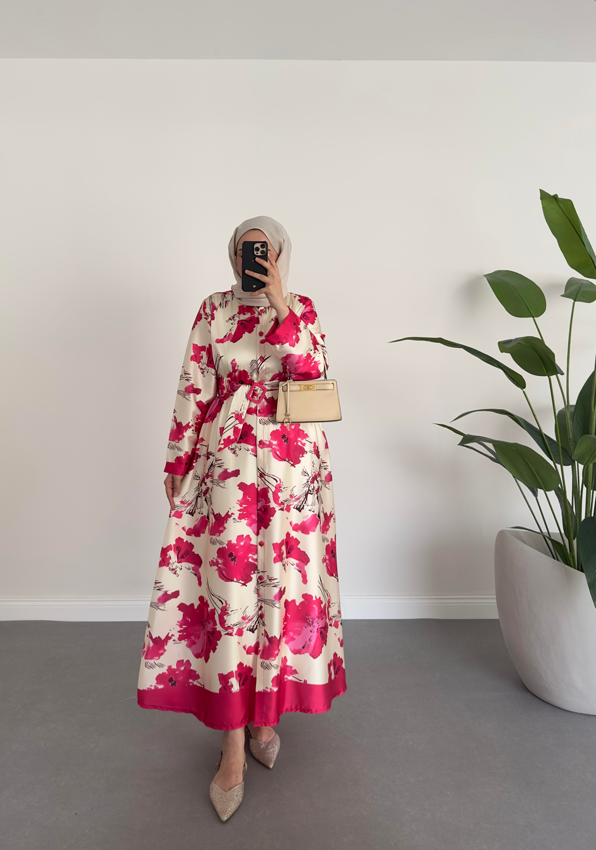 Desenli Twill Elbise Pembe