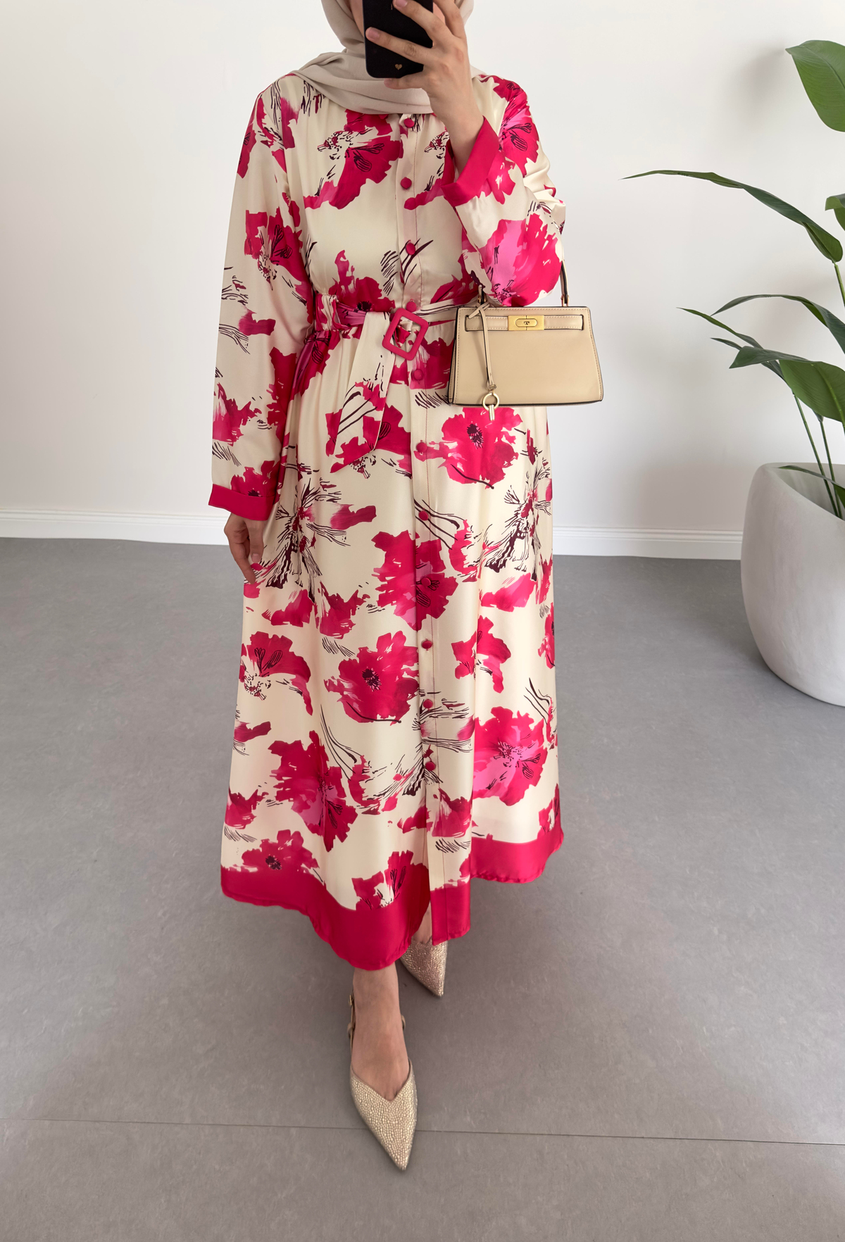 Desenli Twill Elbise Pembe