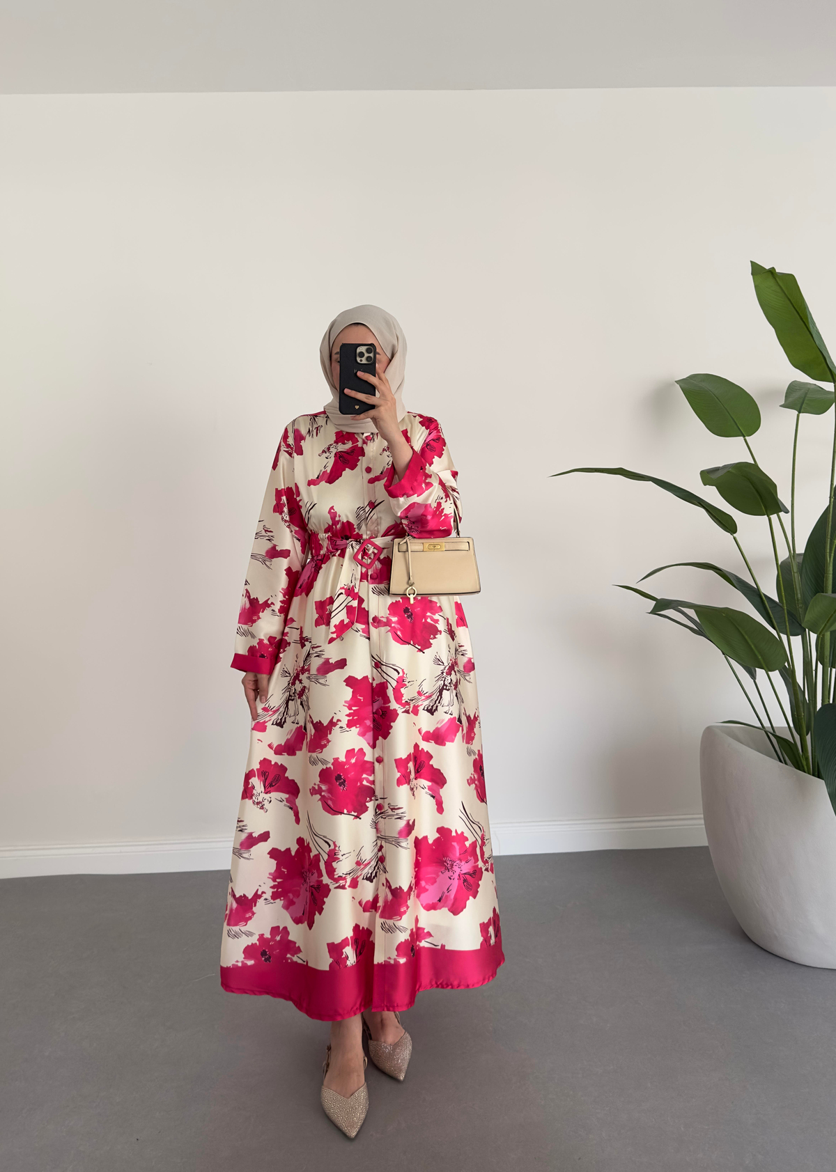 Desenli Twill Elbise Pembe