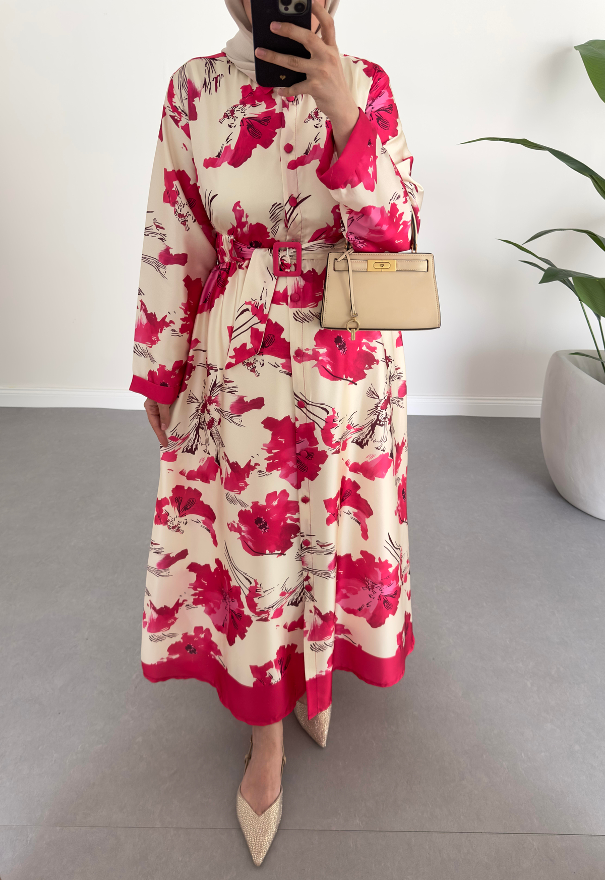 Desenli Twill Elbise Pembe