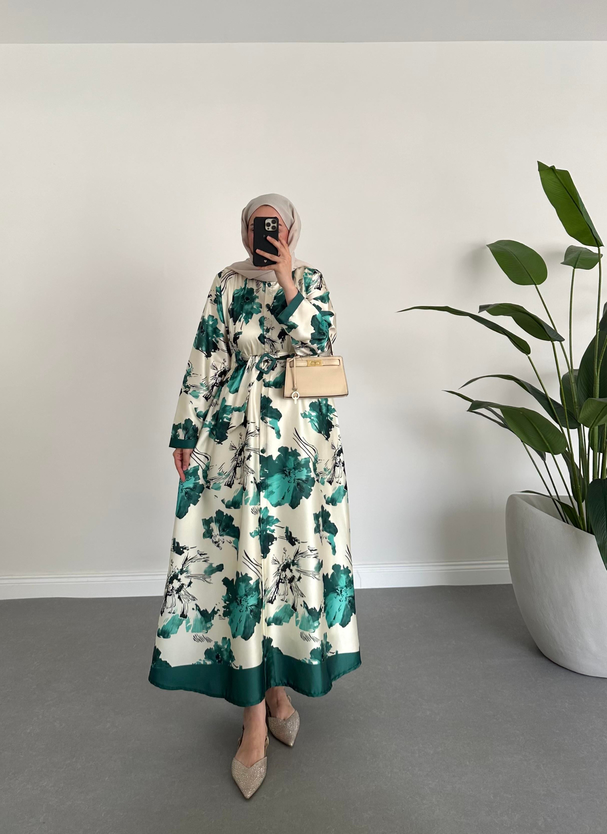 Desenli Twill Elbise Yeşil