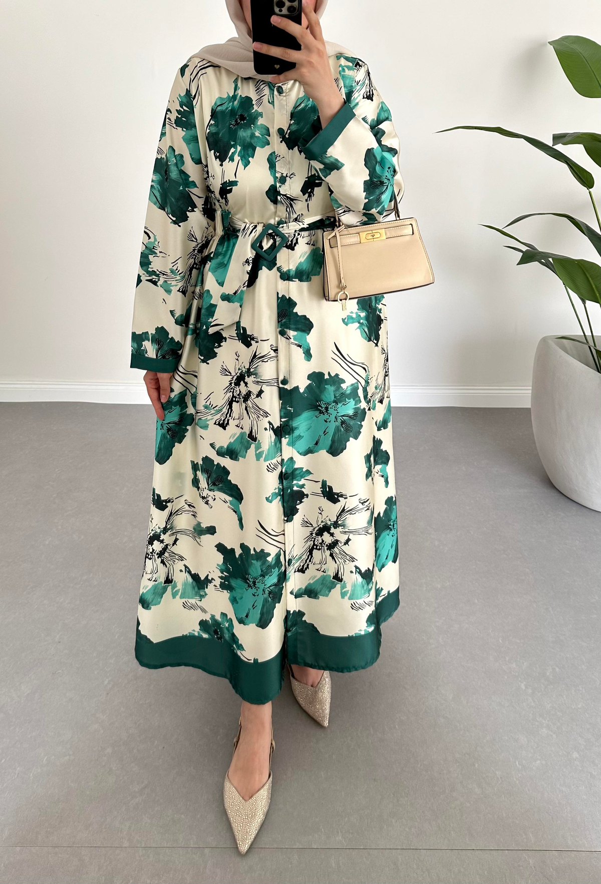 Desenli Twill Elbise Yeşil