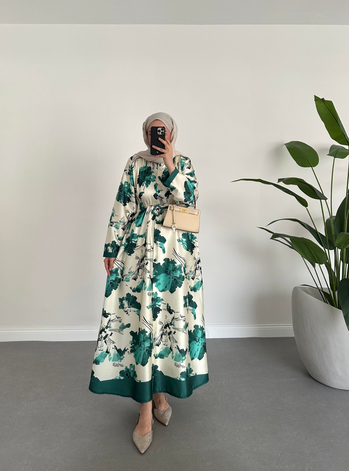 Desenli Twill Elbise Yeşil