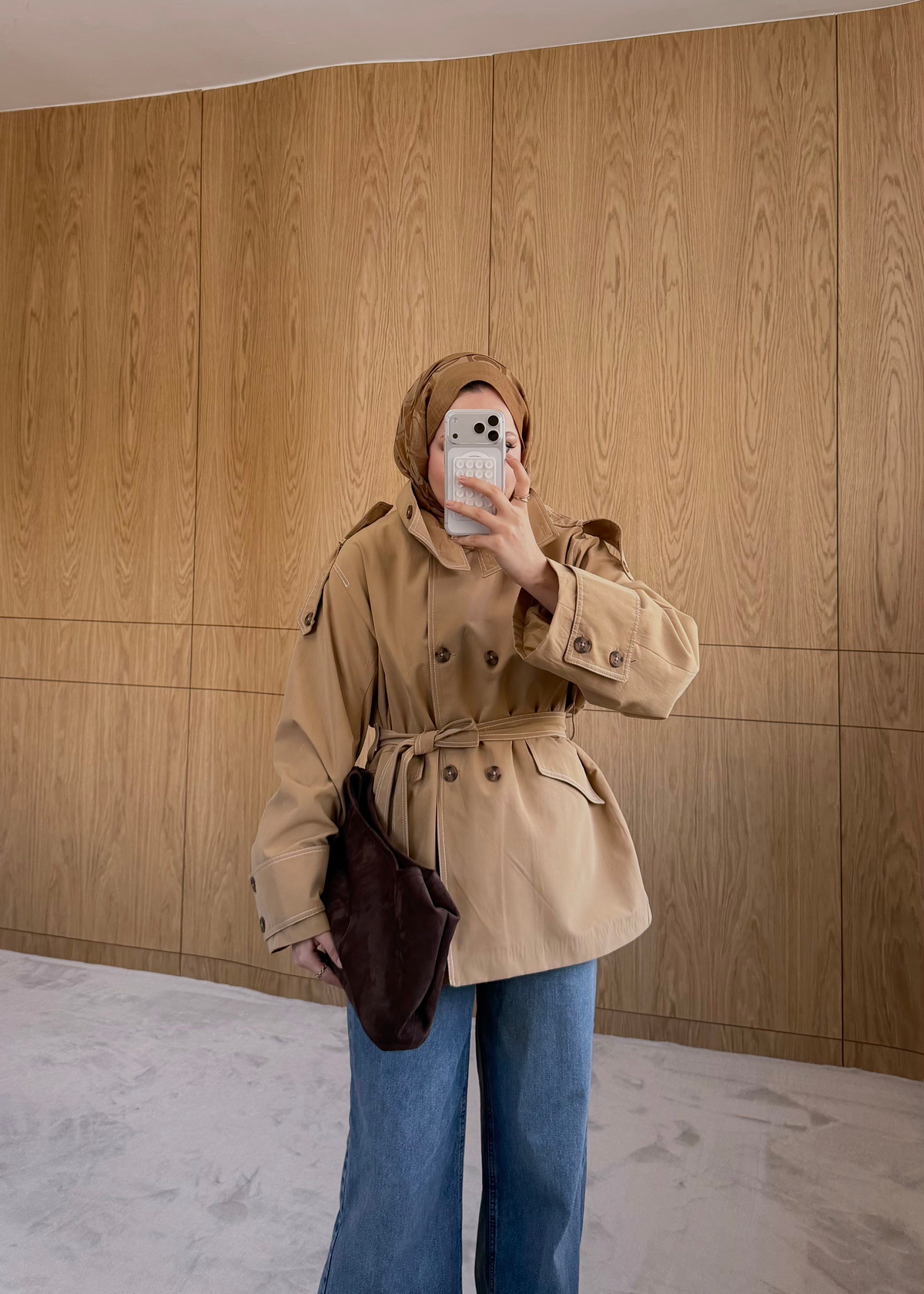 Dik Yaka Kontrast Dikişli Trençkot Camel