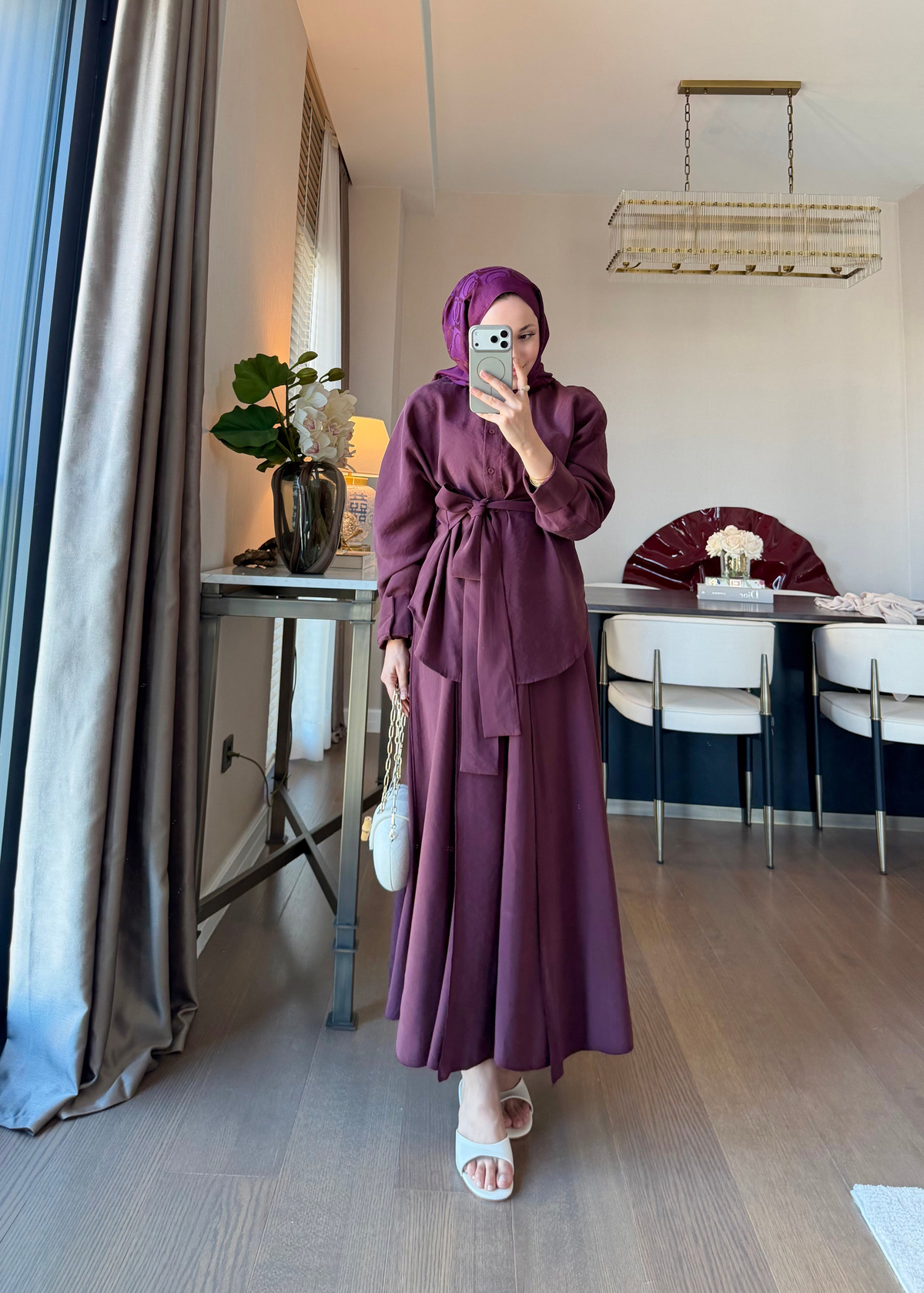 Dikiş Detaylı Bağlamalı Etekli Takım Burgundy