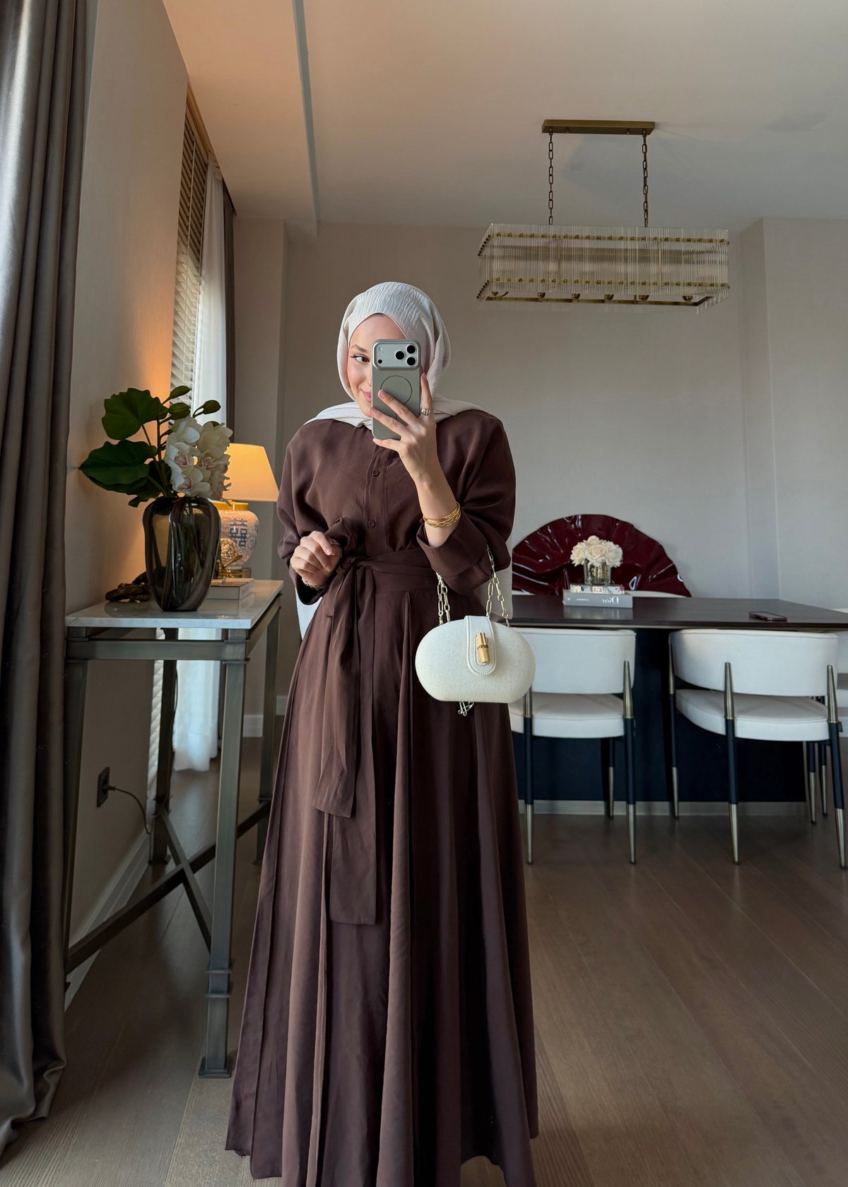 Dikiş Detaylı Bağlamalı Etekli Takım Kahverengi