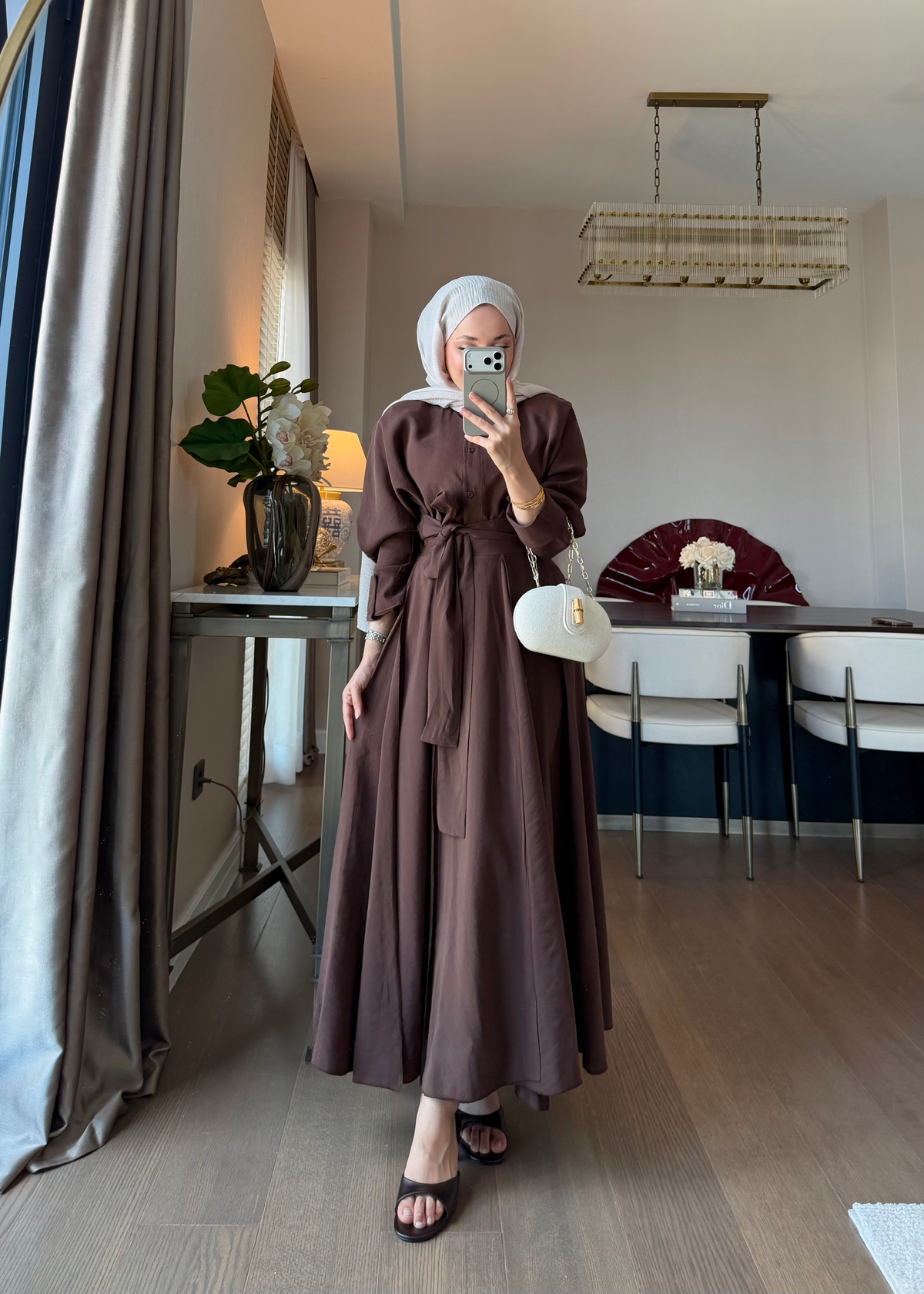 Dikiş Detaylı Bağlamalı Etekli Takım Kahverengi