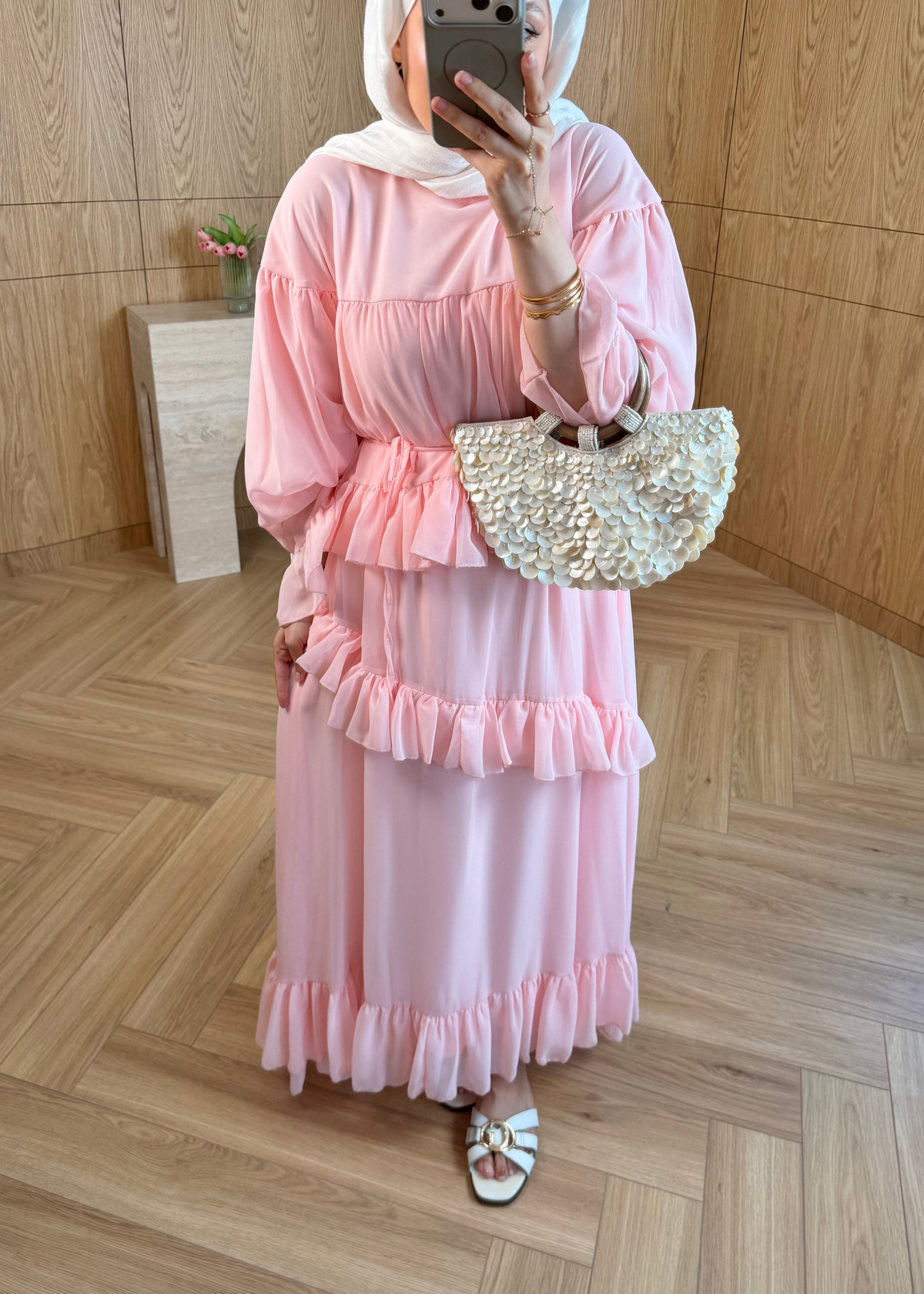 Efsun Fırfırlı Şifon Elbise Pembe