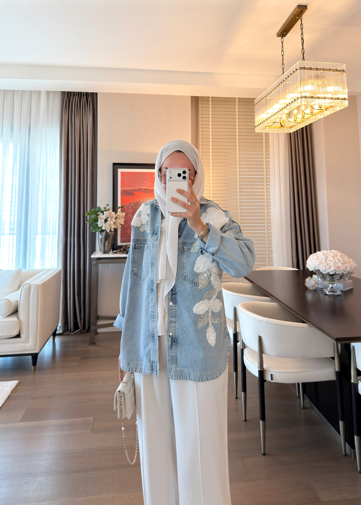 Floral Nakış İşlemeli Denim Ceket Mavi