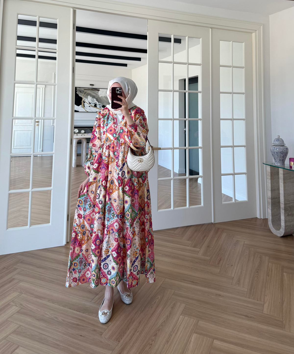 Freza Pembe Çiçekli Elbise 