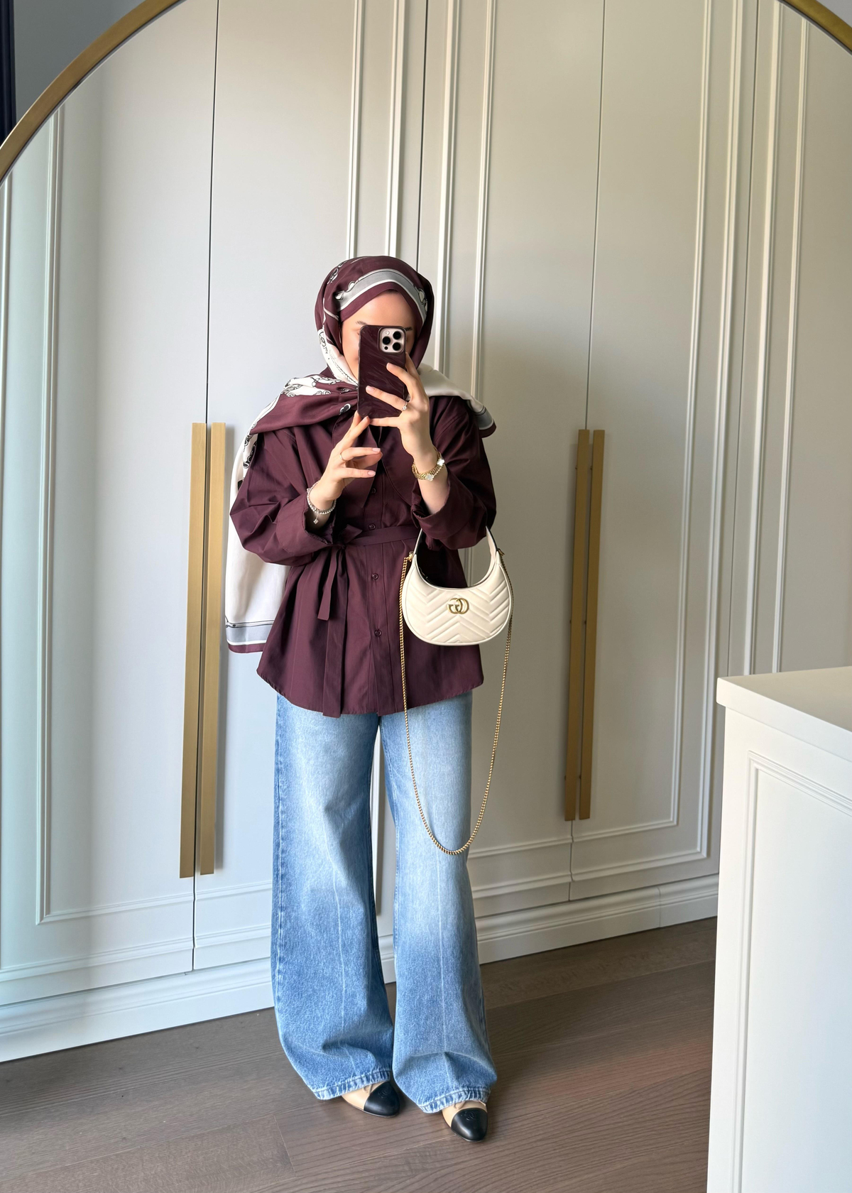 Fular Yakalı Mürdüm Poplin Gömlek