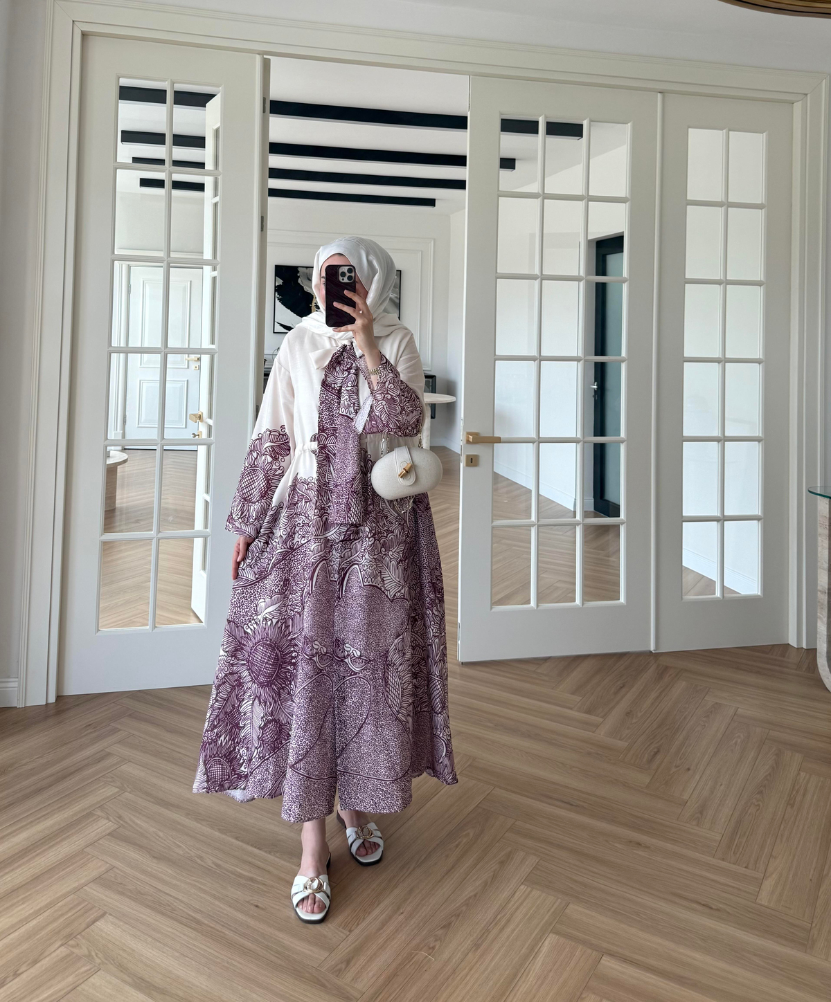 Fularlı Keten Elbise Mürdüm