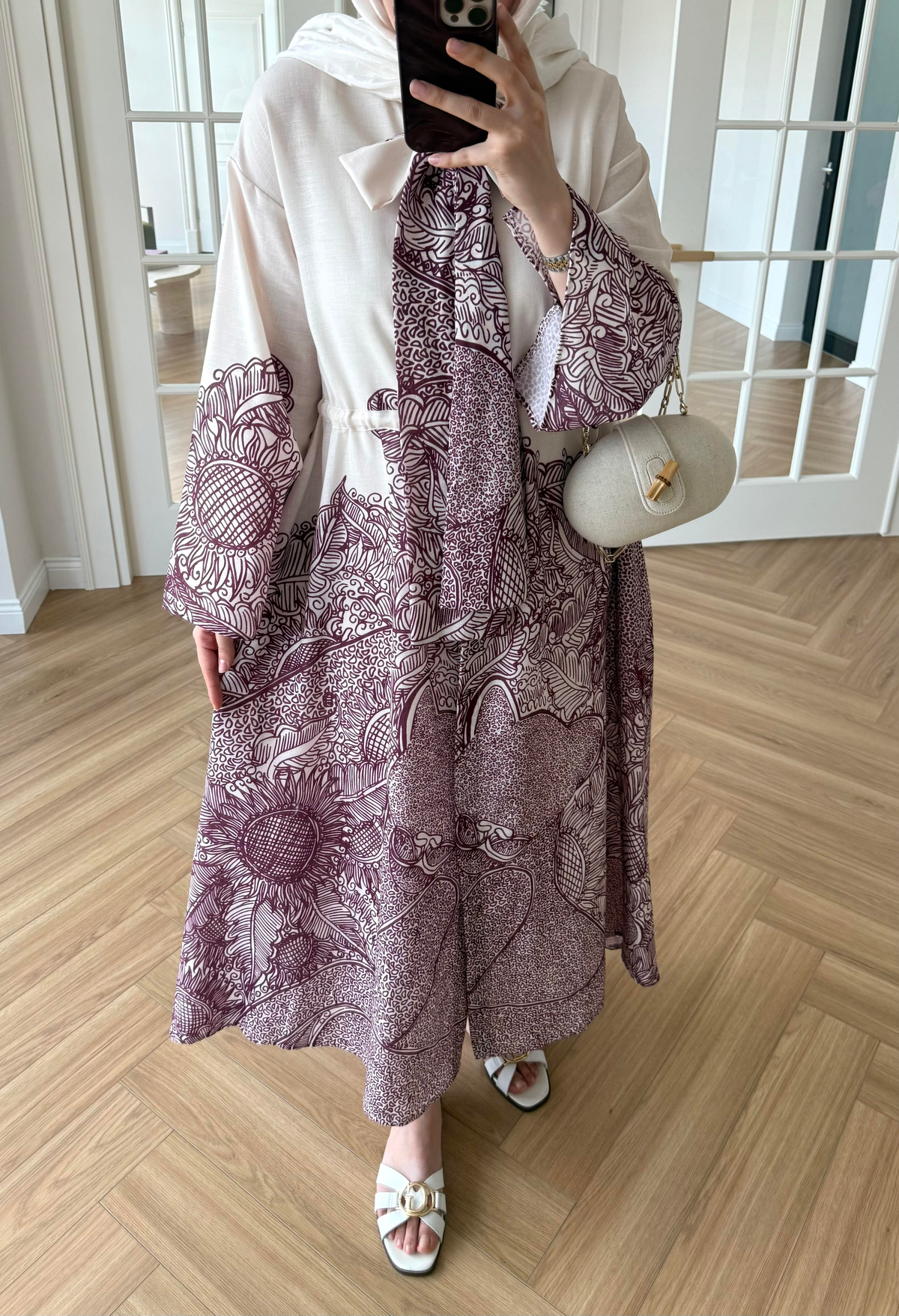 Fularlı Keten Elbise Mürdüm