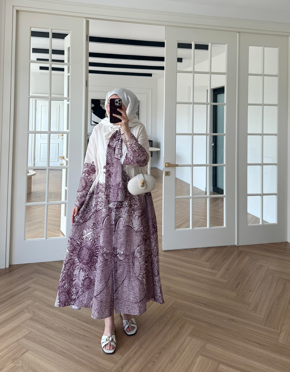 Fularlı Keten Elbise Mürdüm