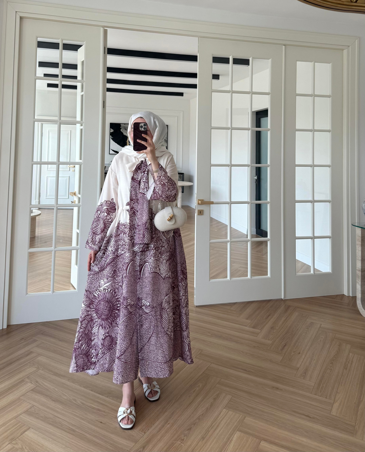 Fularlı Keten Elbise Mürdüm