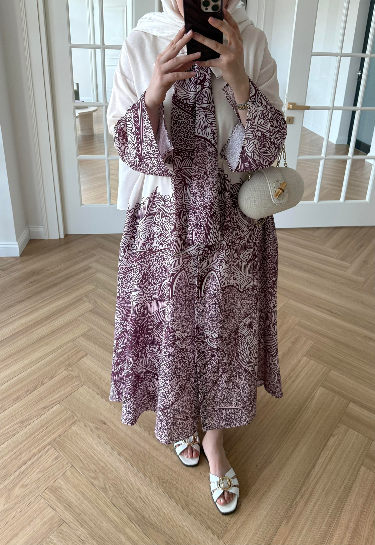 Fularlı Keten Elbise Mürdüm