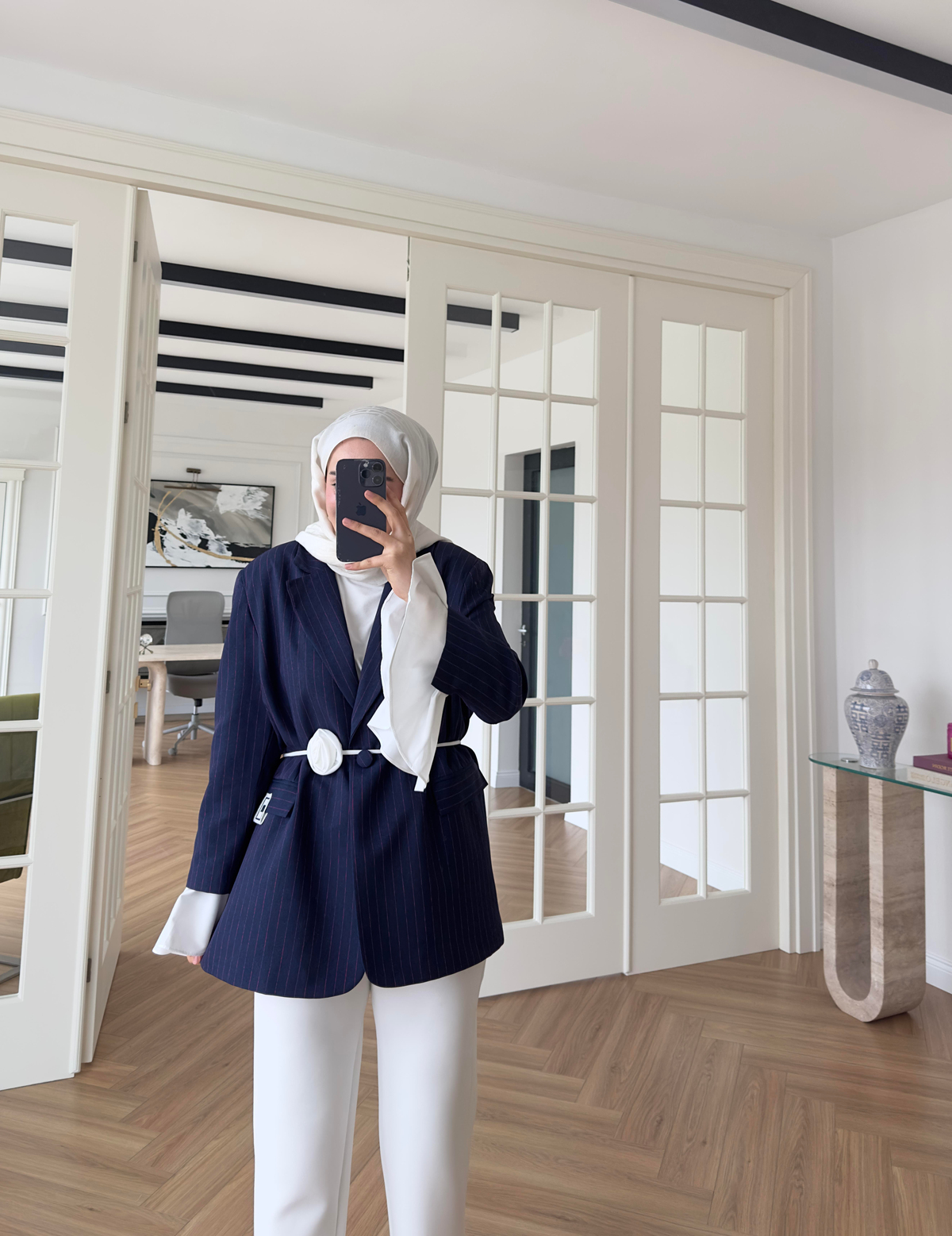 Garnili Kolu Pileli - Çizgili Ceket İndigo