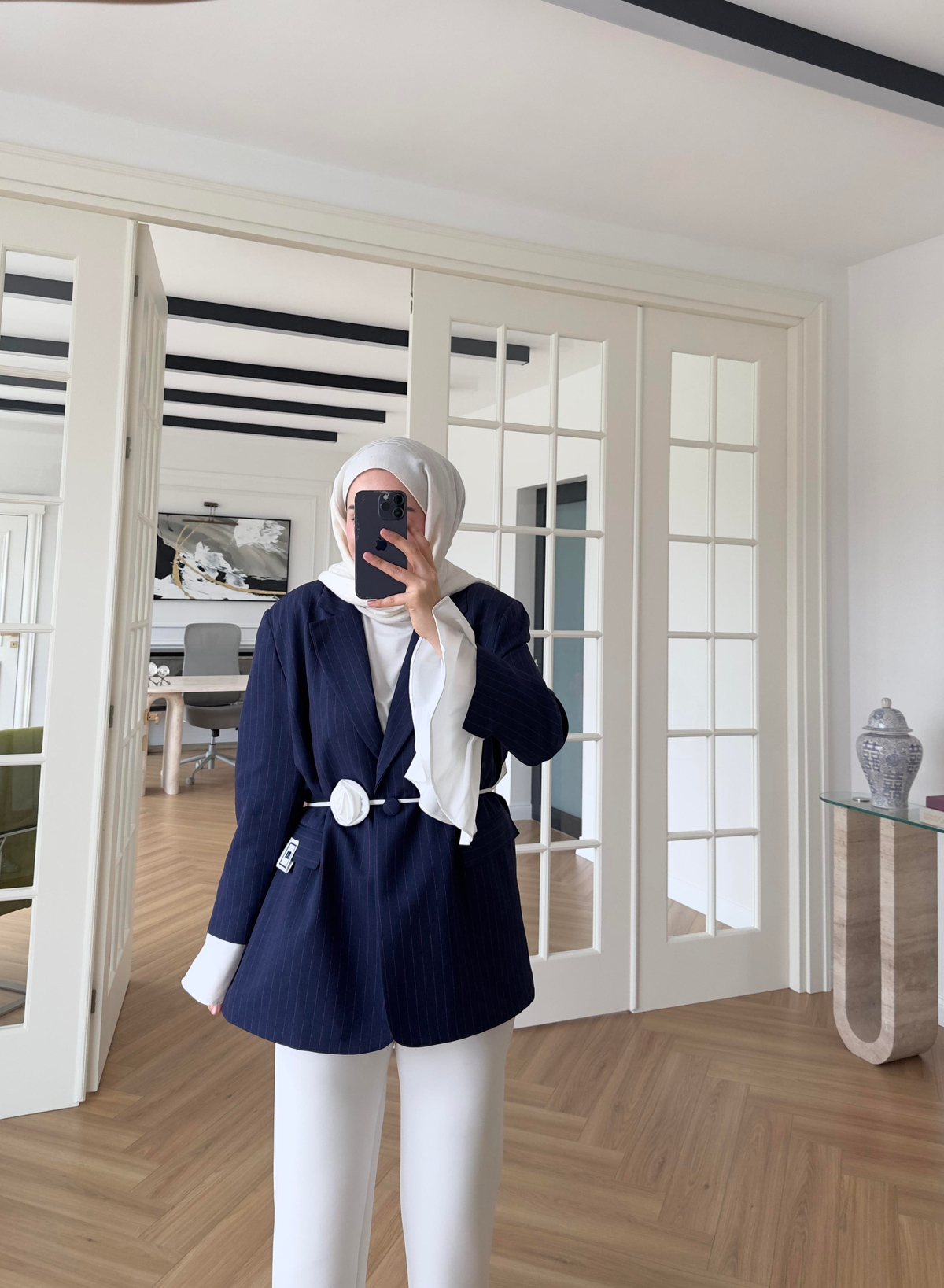 Garnili Kolu Pileli - Çizgili Ceket İndigo