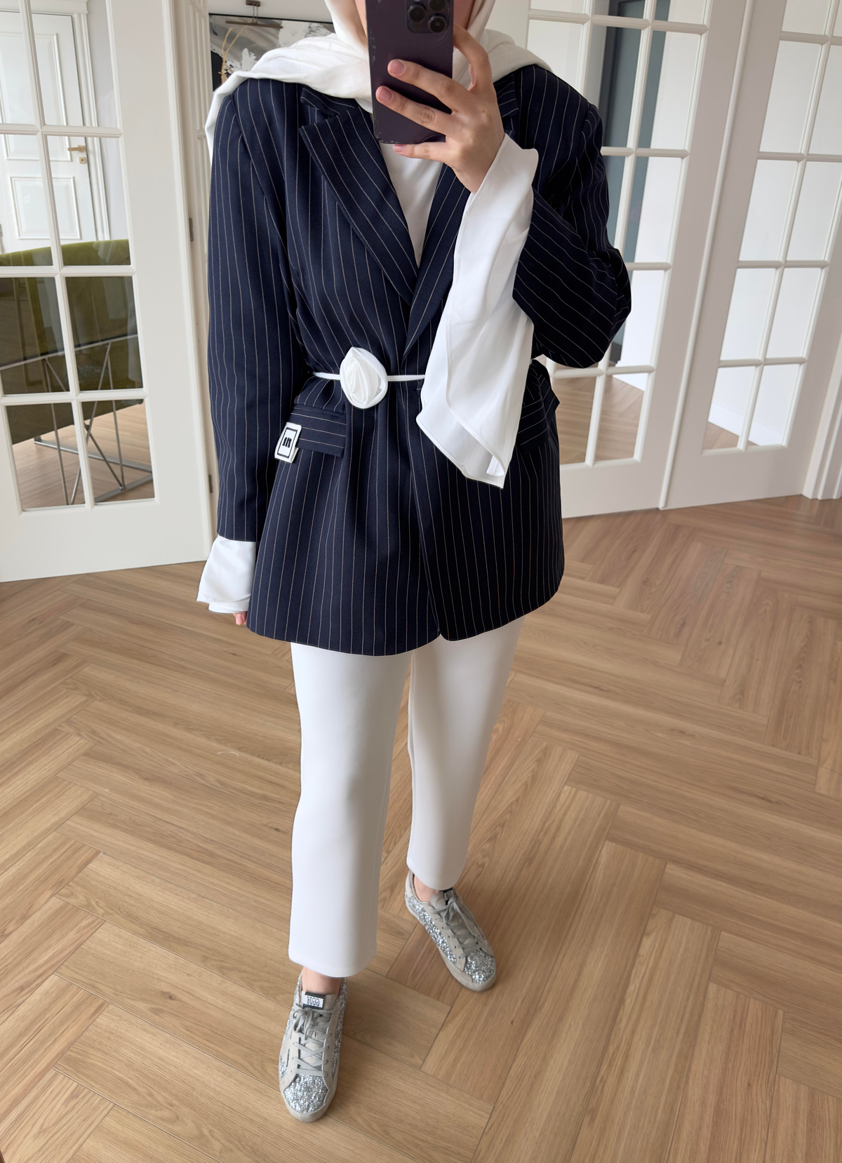 Garnili Kolu Pileli - Çizgili Ceket Lacivert