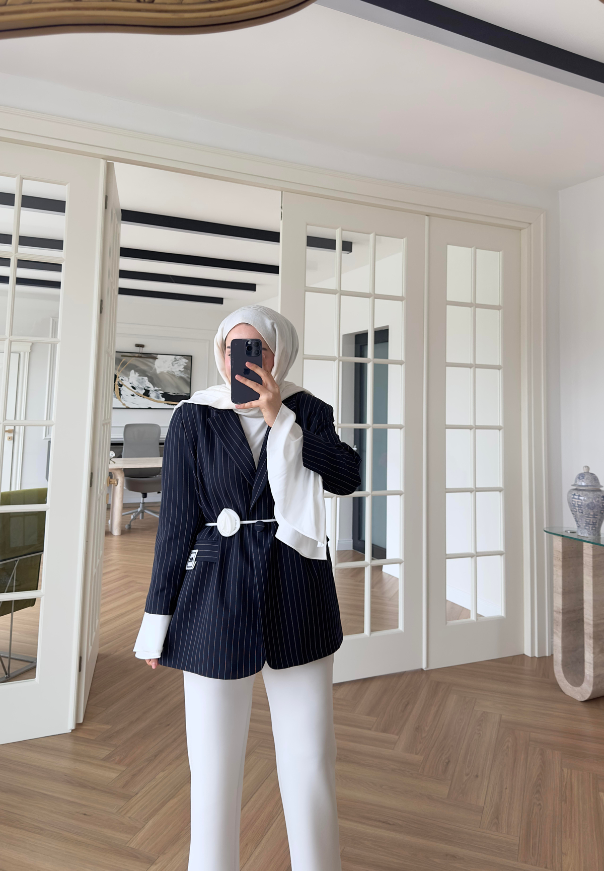 Garnili Kolu Pileli - Çizgili Ceket Lacivert