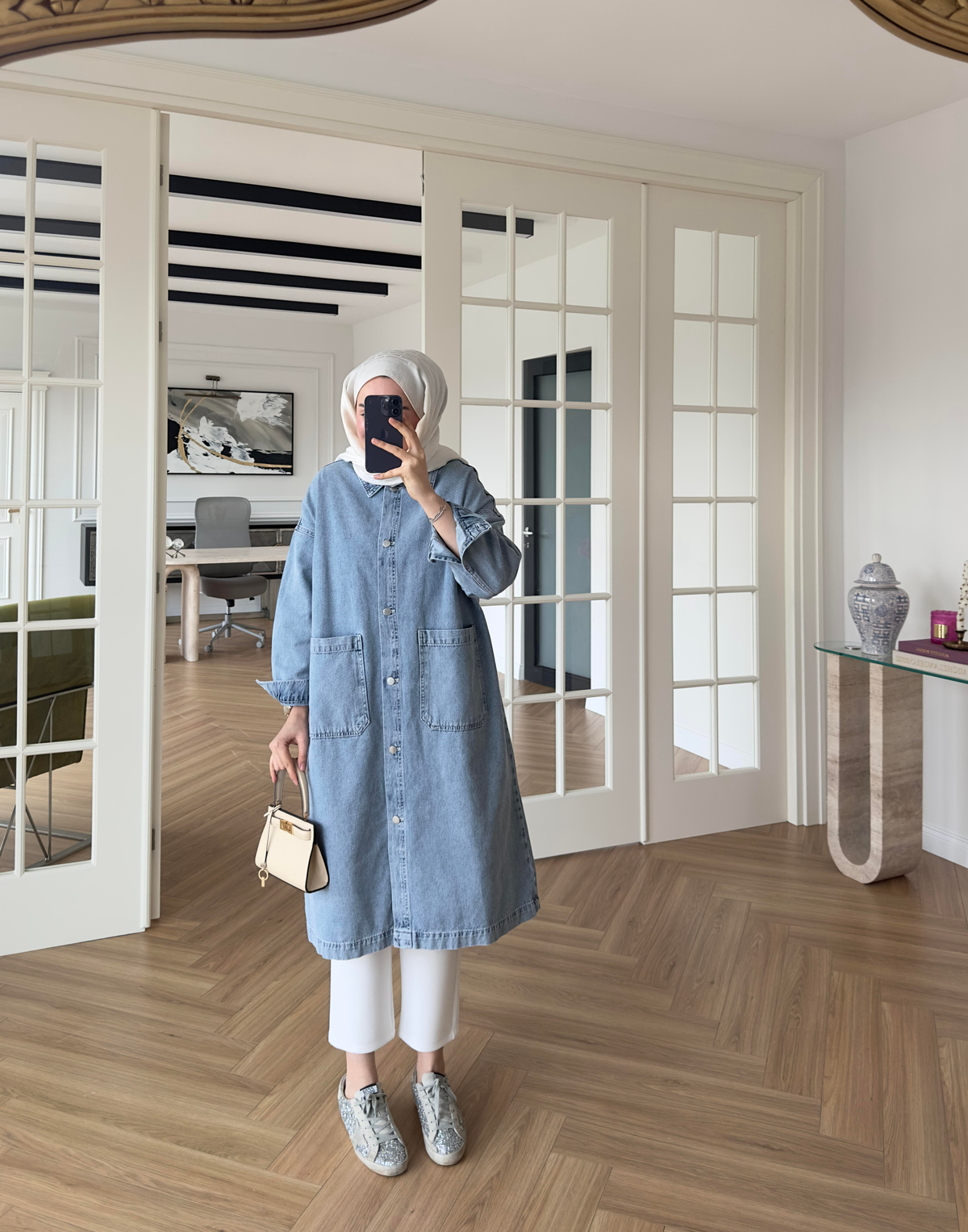 İki Cepli Denim Trenç Açık Mavi