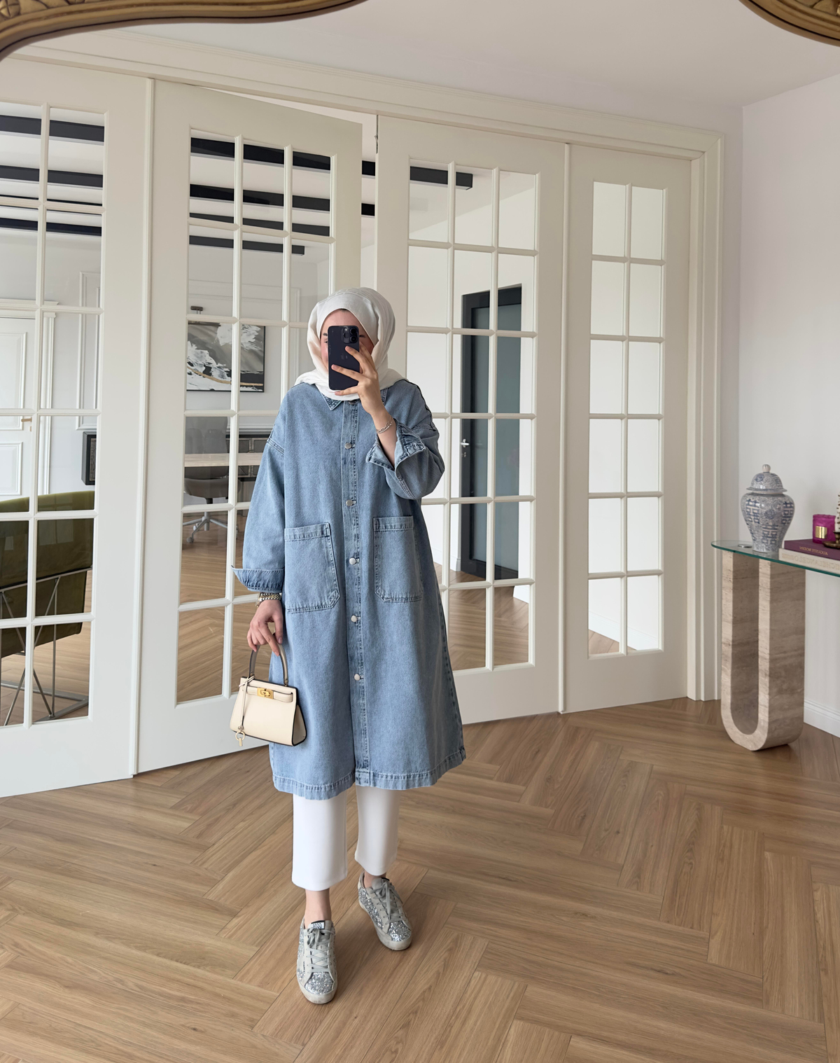 İki Cepli Denim Trenç Açık Mavi