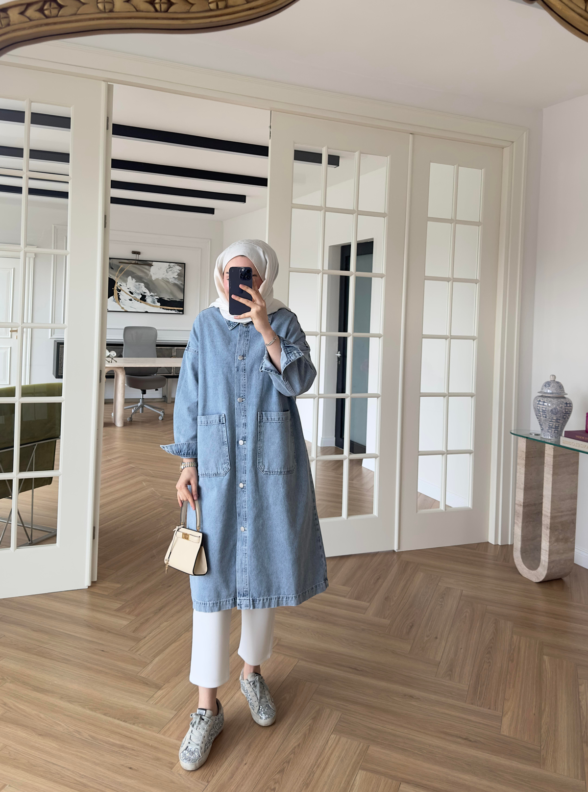 İki Cepli Denim Trenç Açık Mavi