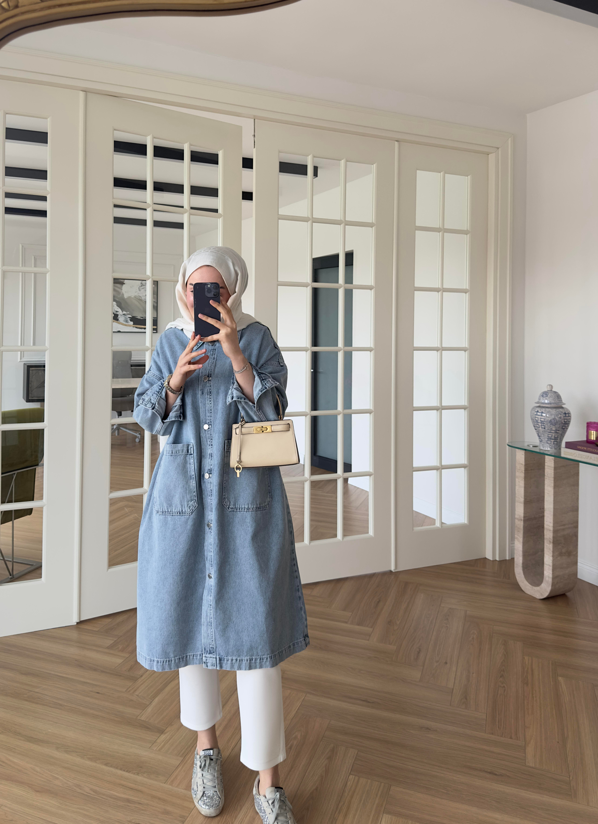 İki Cepli Denim Trenç Açık Mavi