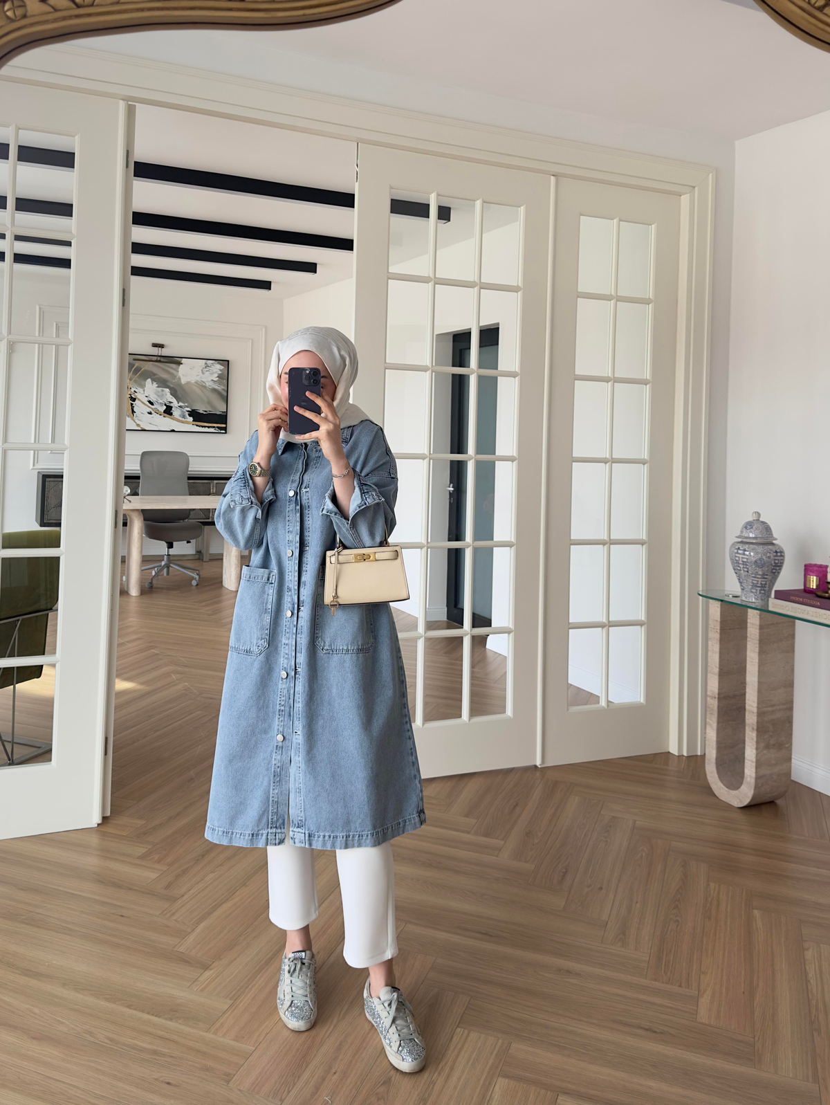 İki Cepli Denim Trenç Açık Mavi