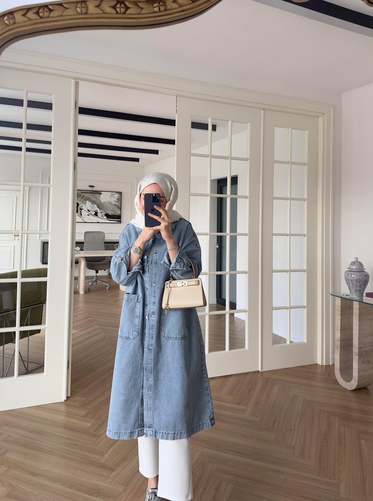 İki Cepli Denim Trenç Açık Mavi