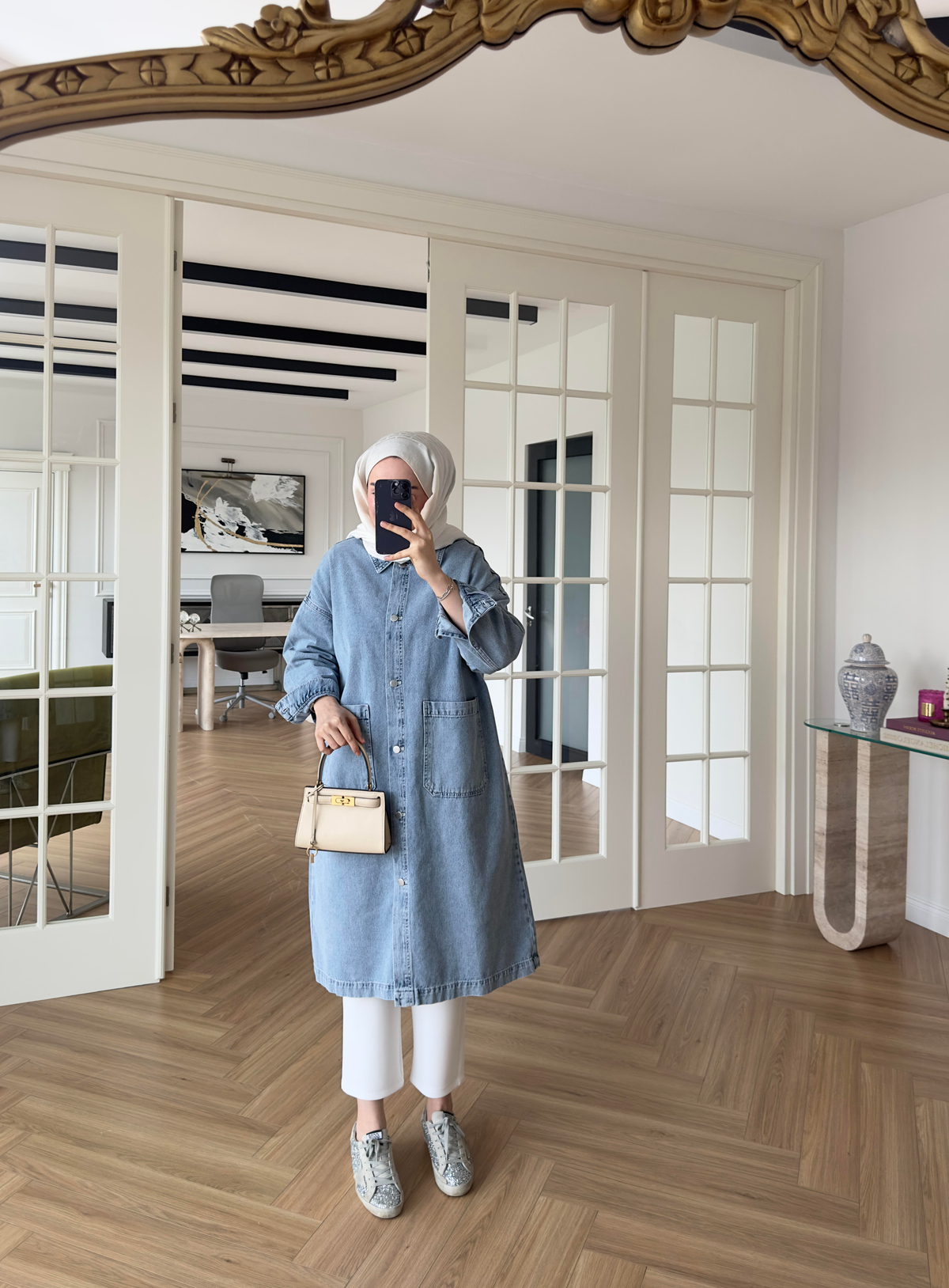 İki Cepli Denim Trenç Açık Mavi