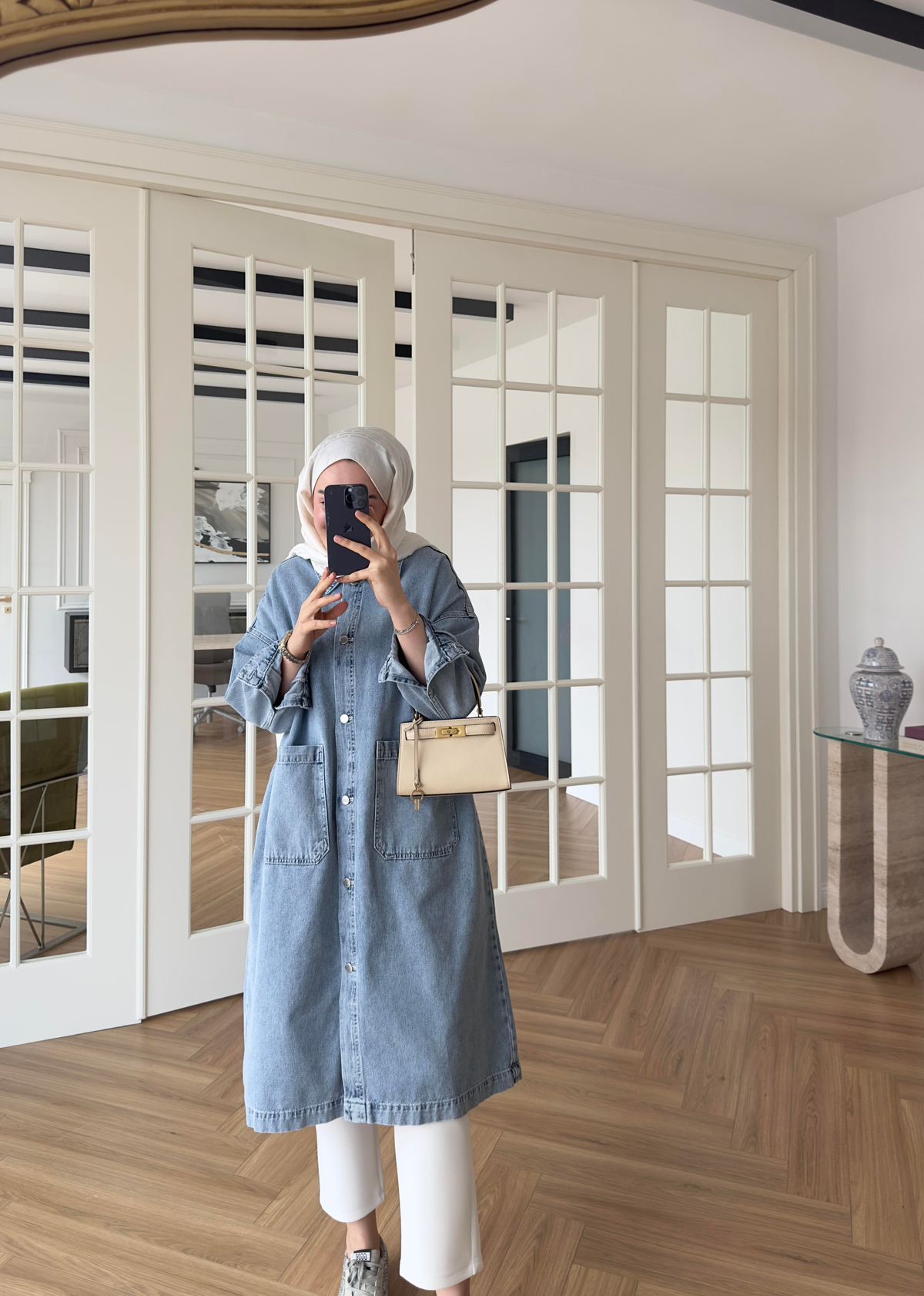 İki Cepli Denim Trenç Açık Mavi