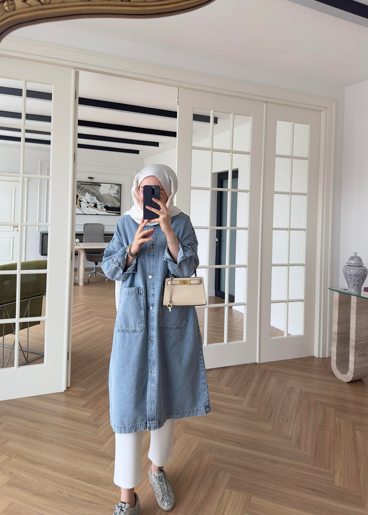 İki Cepli Denim Trenç Açık Mavi