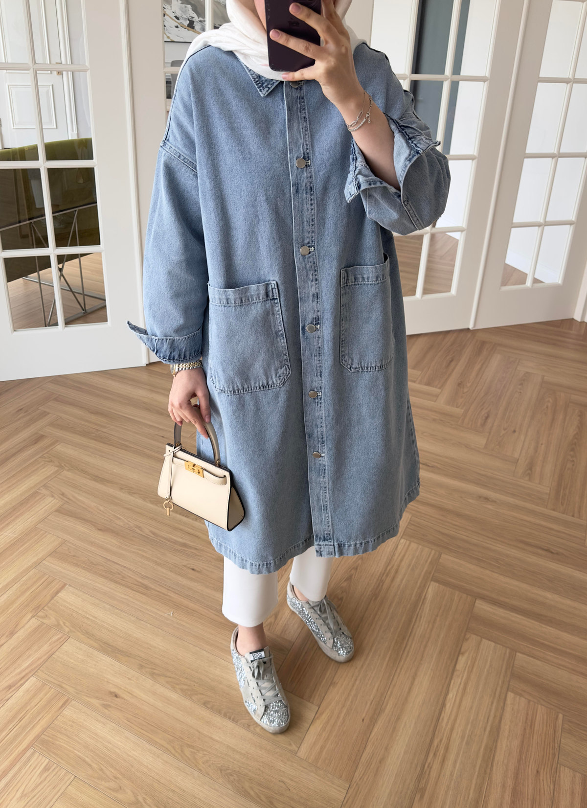 İki Cepli Denim Trenç Açık Mavi