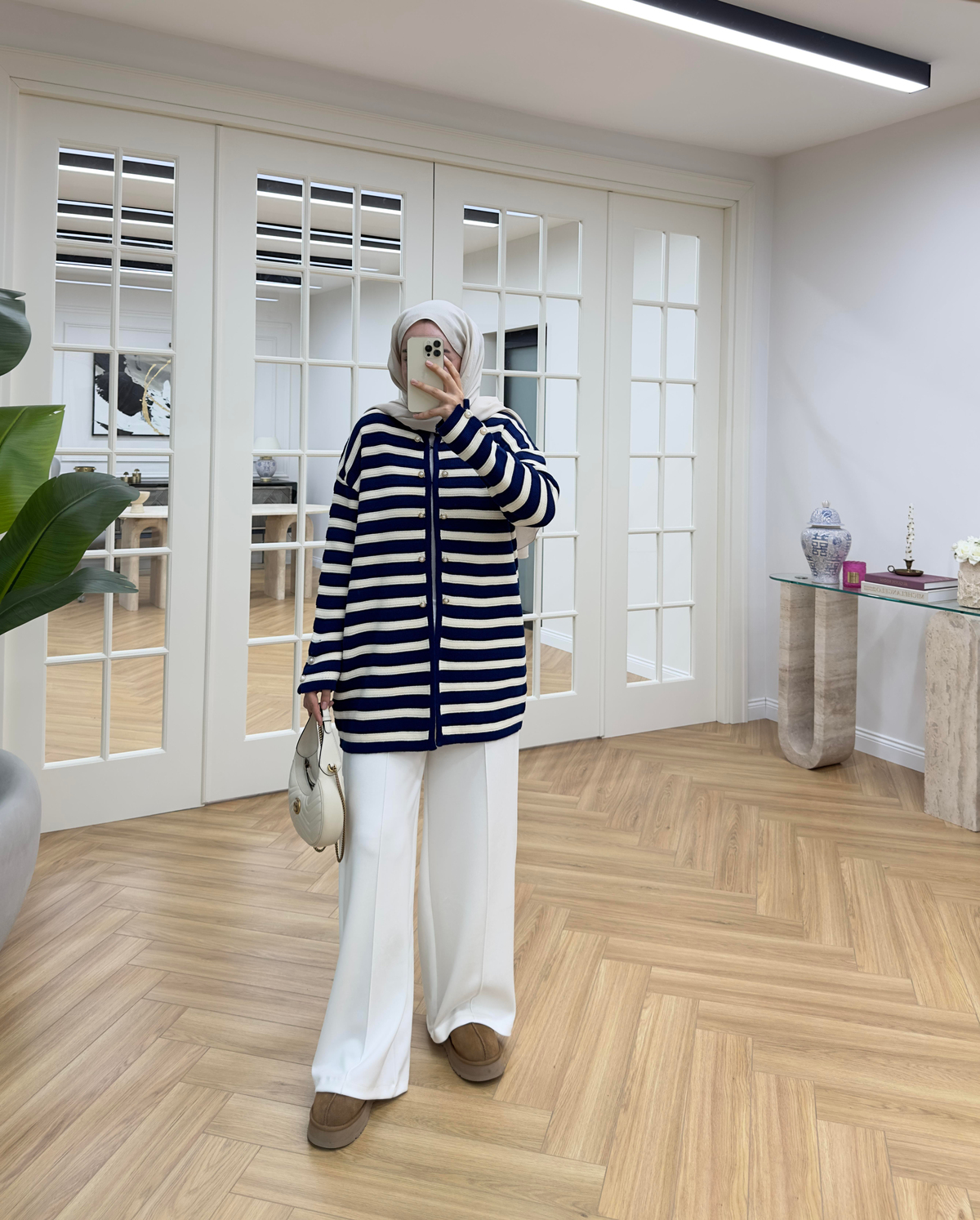 İncili Çizgili Triko Hırka Lacivert