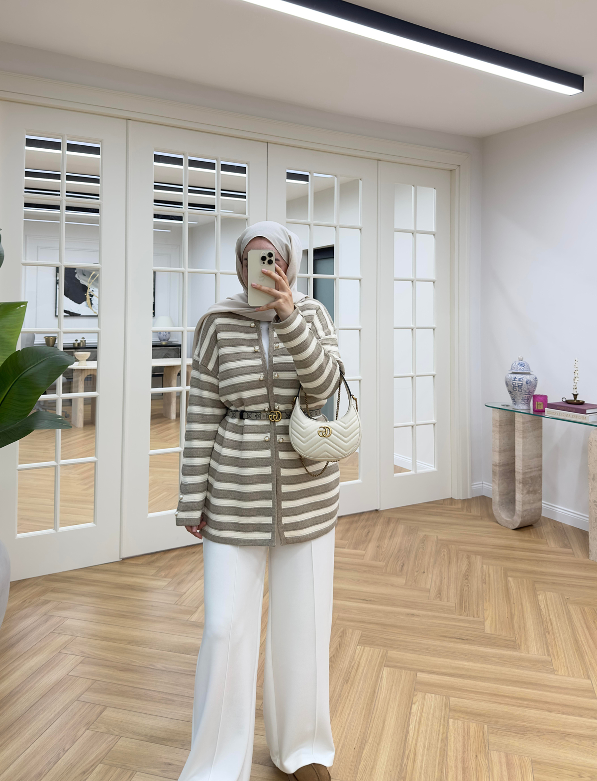 İncili Çizgili Triko Hırka Vizon