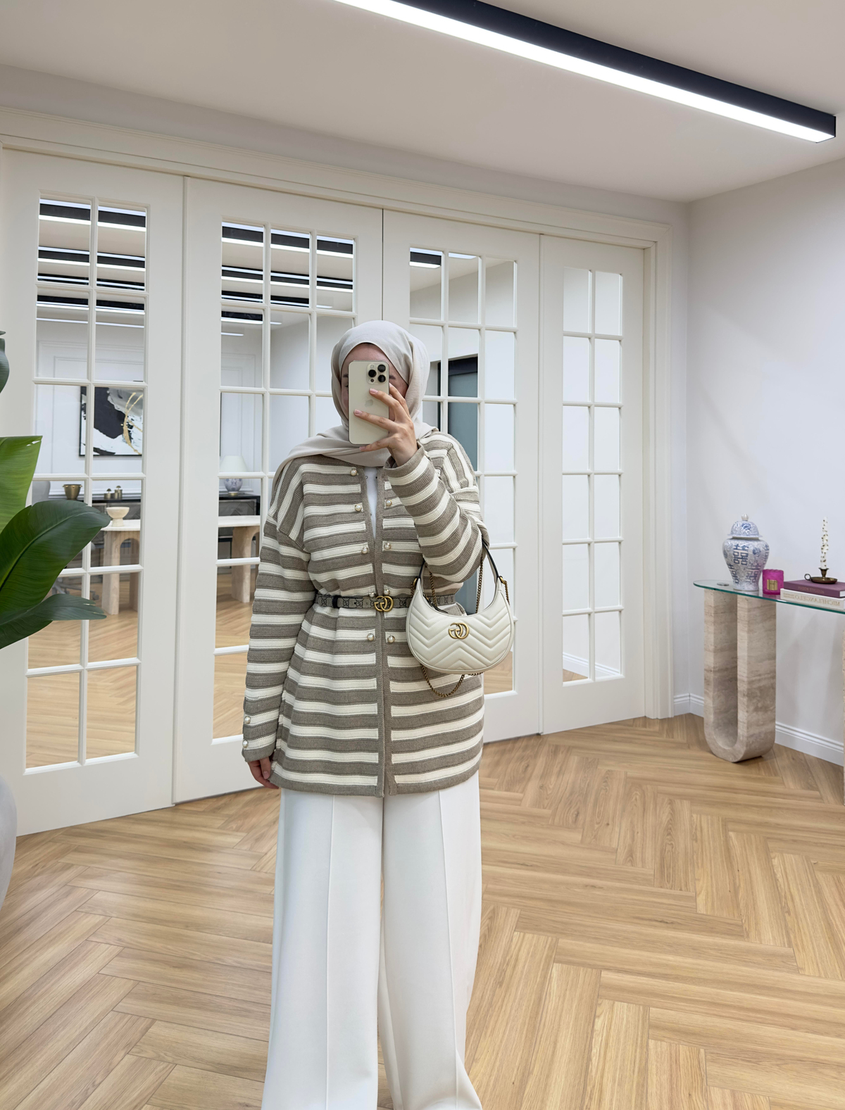 İncili Çizgili Triko Hırka Vizon