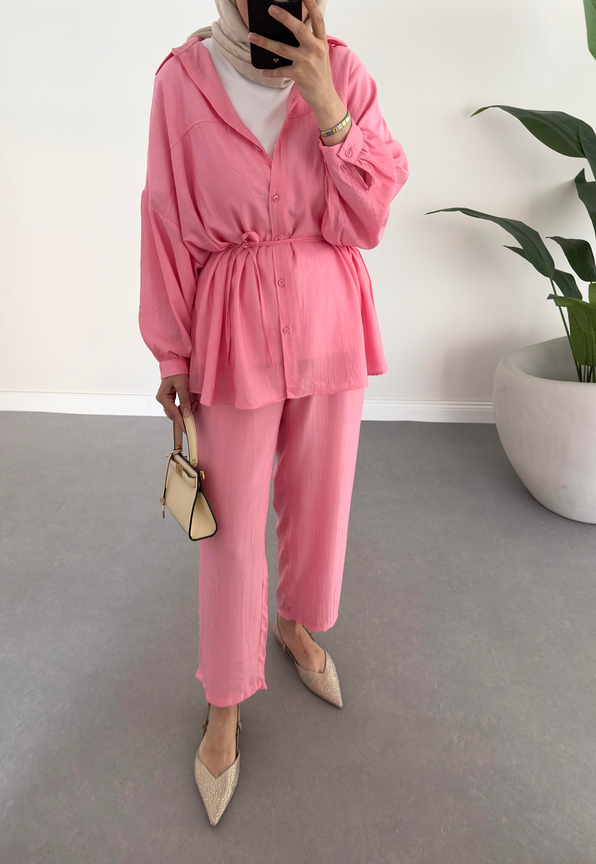 İthal Krinkıl Kemerli Takım Pembe