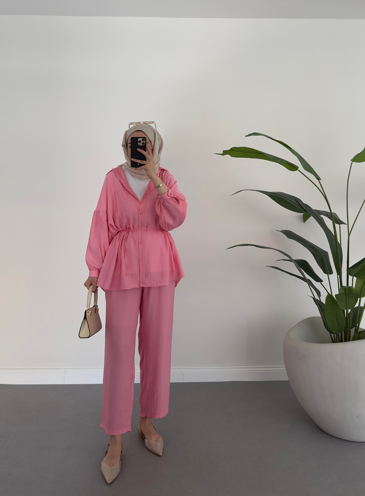 İthal Krinkıl Kemerli Takım Pembe