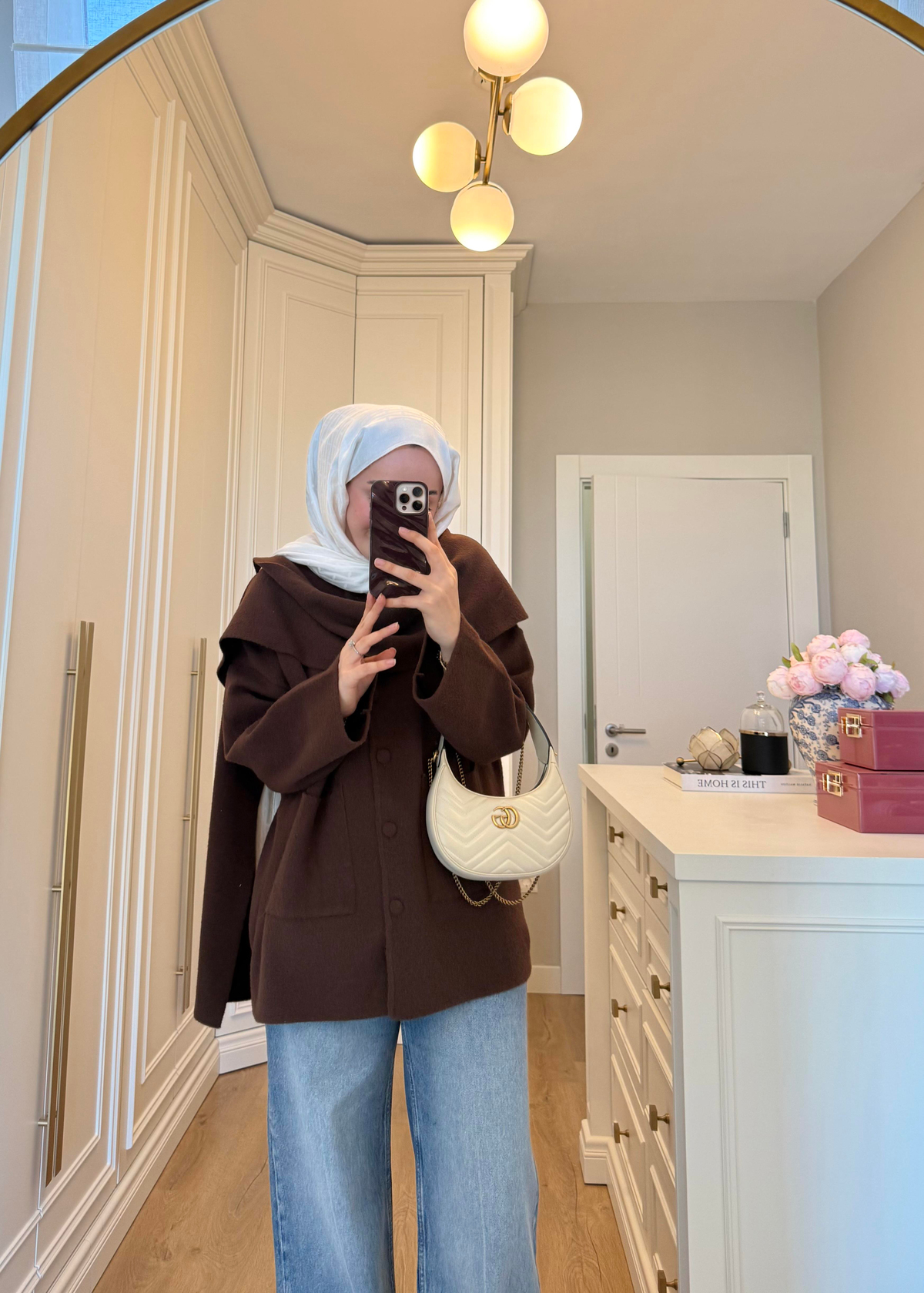 Kaplama Düğme ve Şal Atkılı Angora Hırka Kahverengi