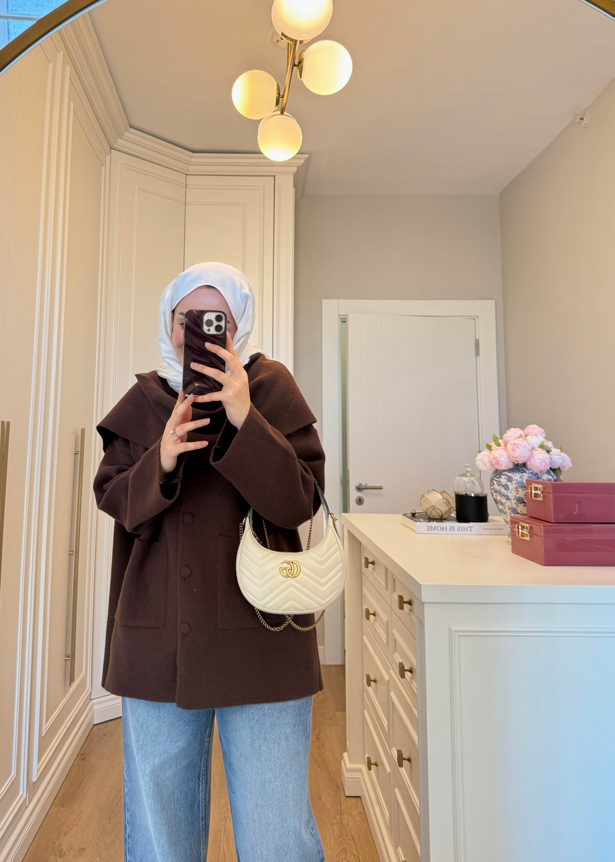 Kaplama Düğme ve Şal Atkılı Angora Hırka Kahverengi