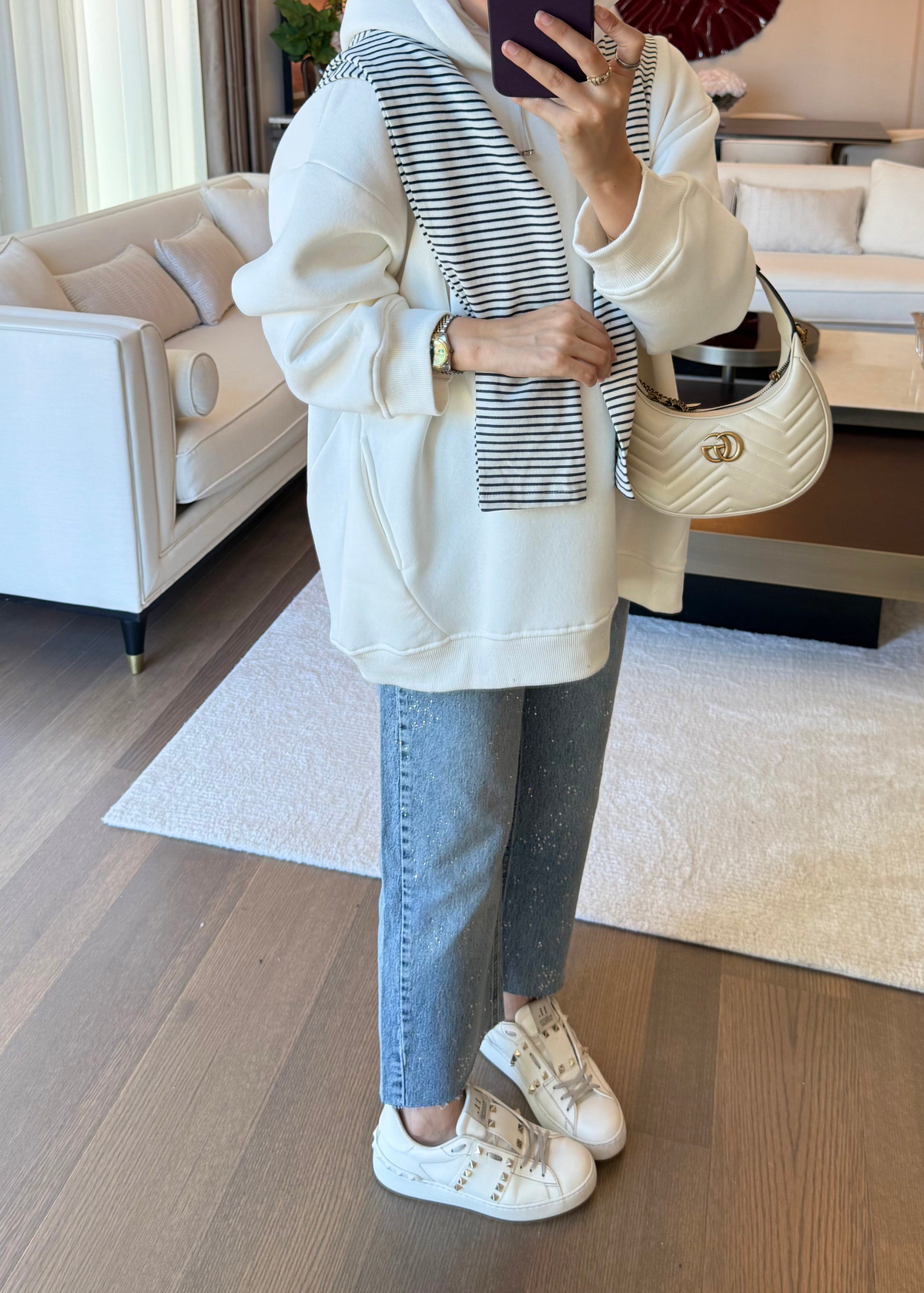 Kapüşonlu Oversıze Sweatshirt Ekru