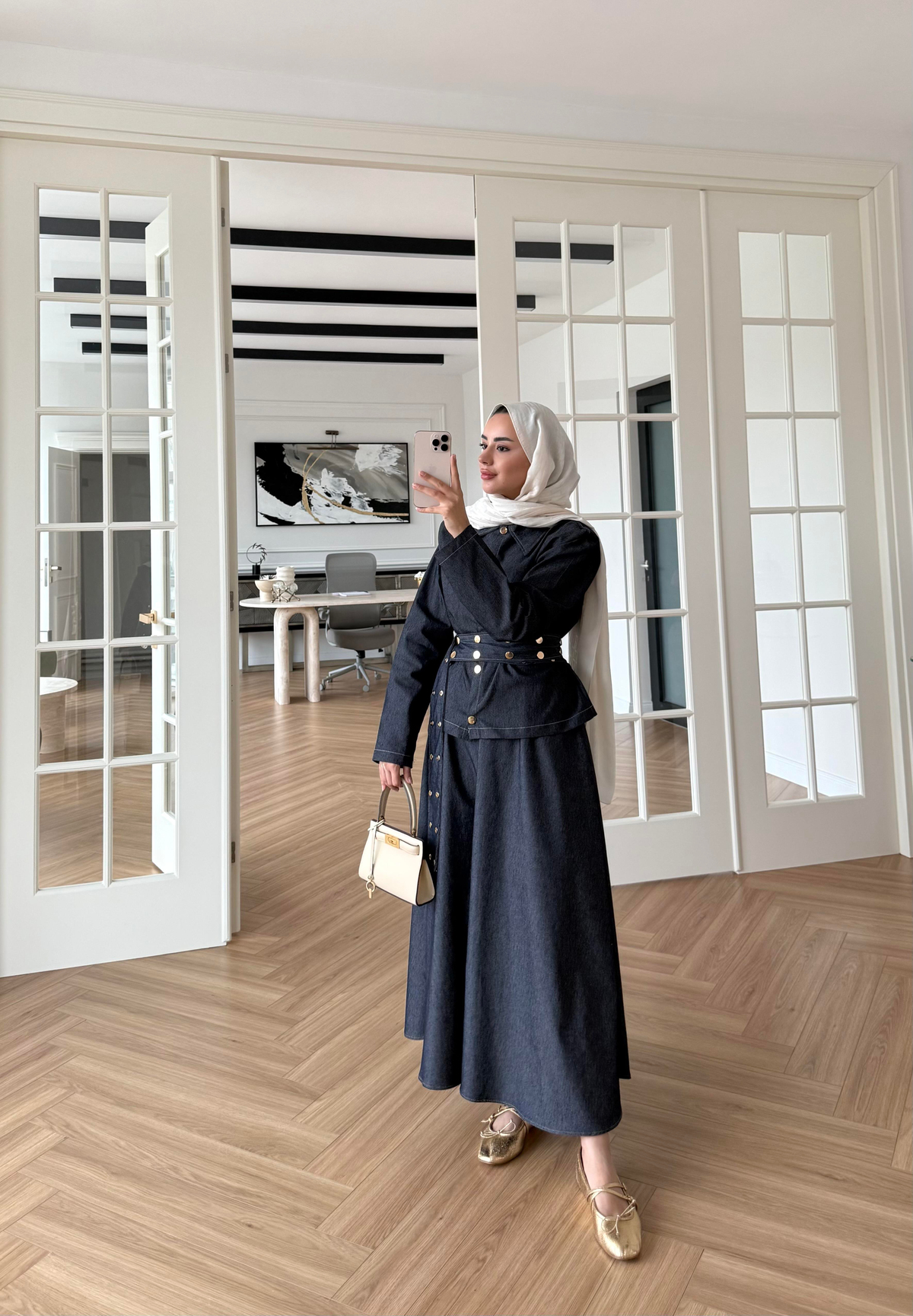 Kemer Çakımlı Denim Etekli Takım Siyah