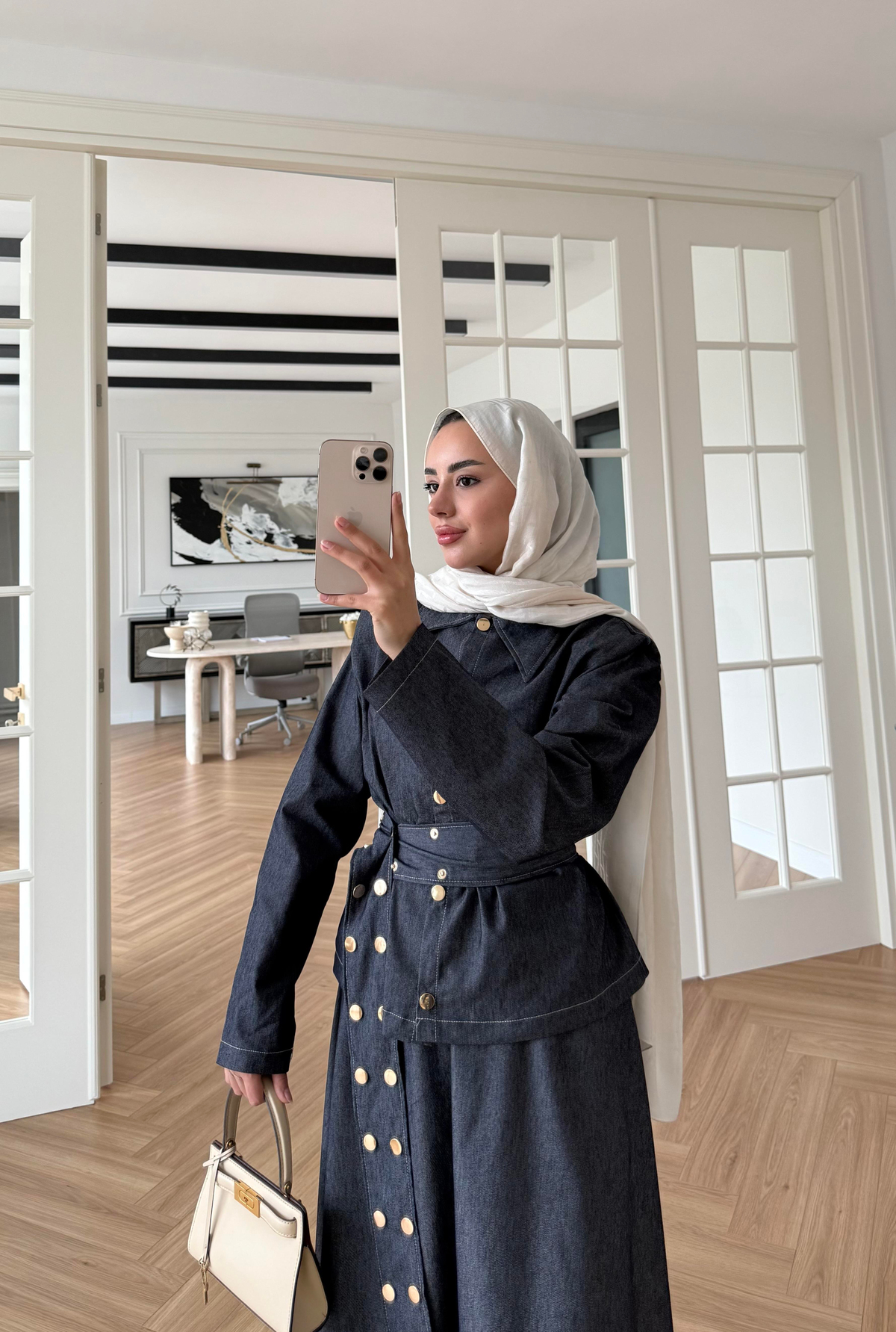 Kemer Çakımlı Denim Etekli Takım Siyah