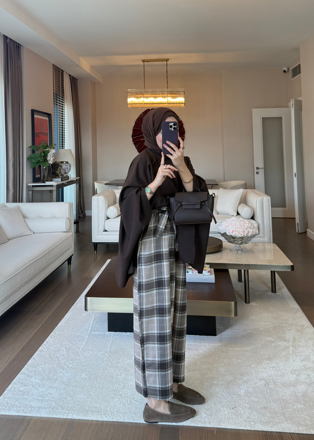 Kemerli Ekose Desen Barrel Pantolon Taş