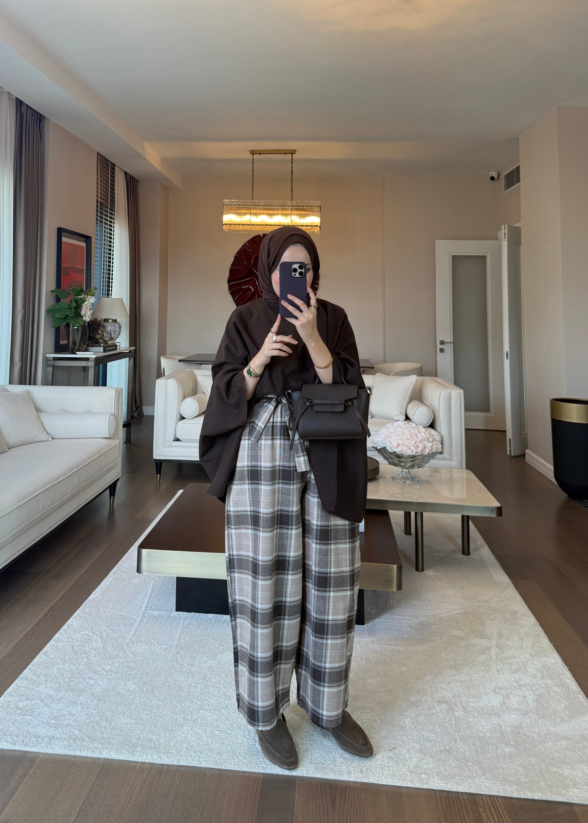 Kemerli Ekose Desen Barrel Pantolon Taş