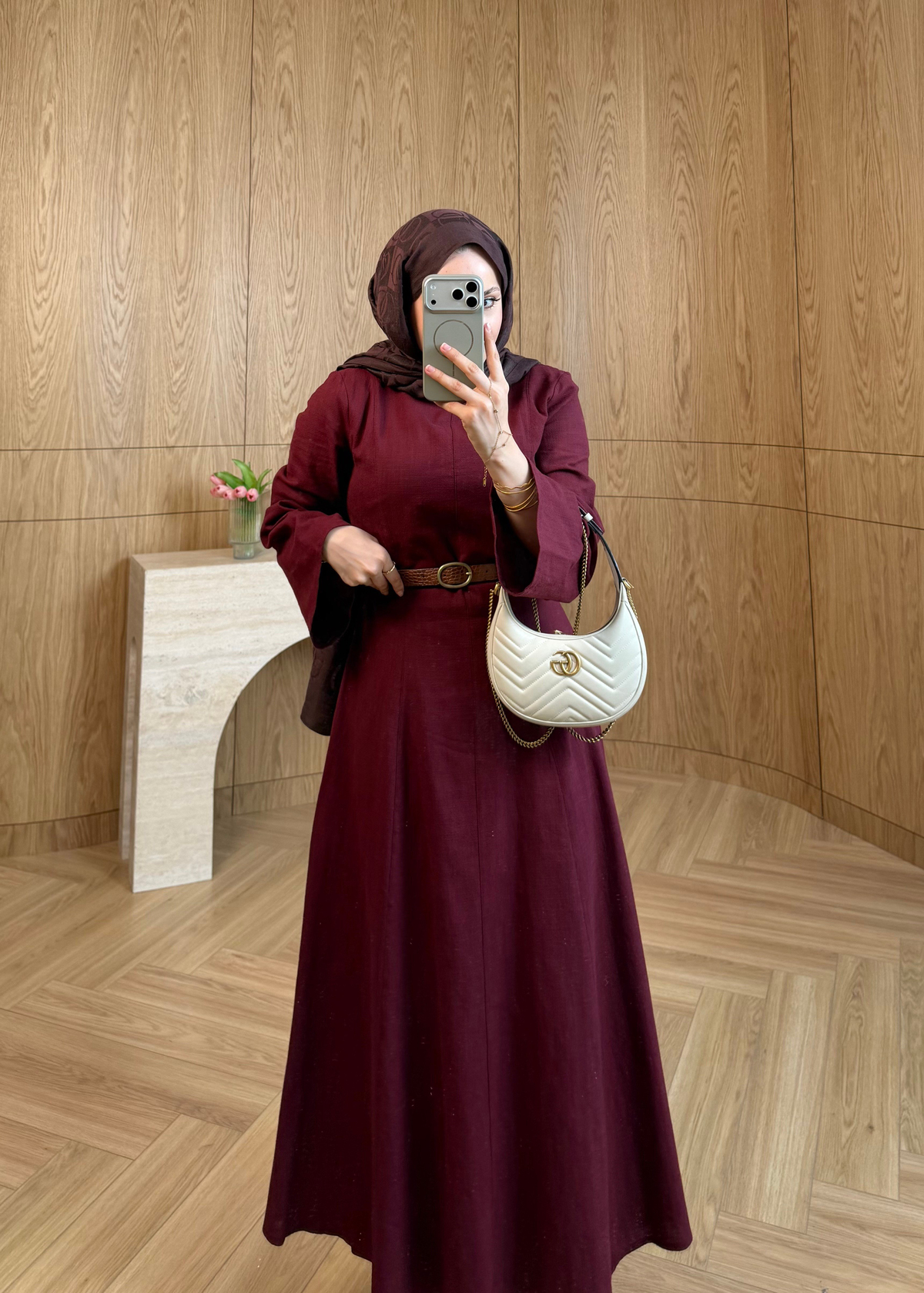 Kemerli Keten Elbise Bordo