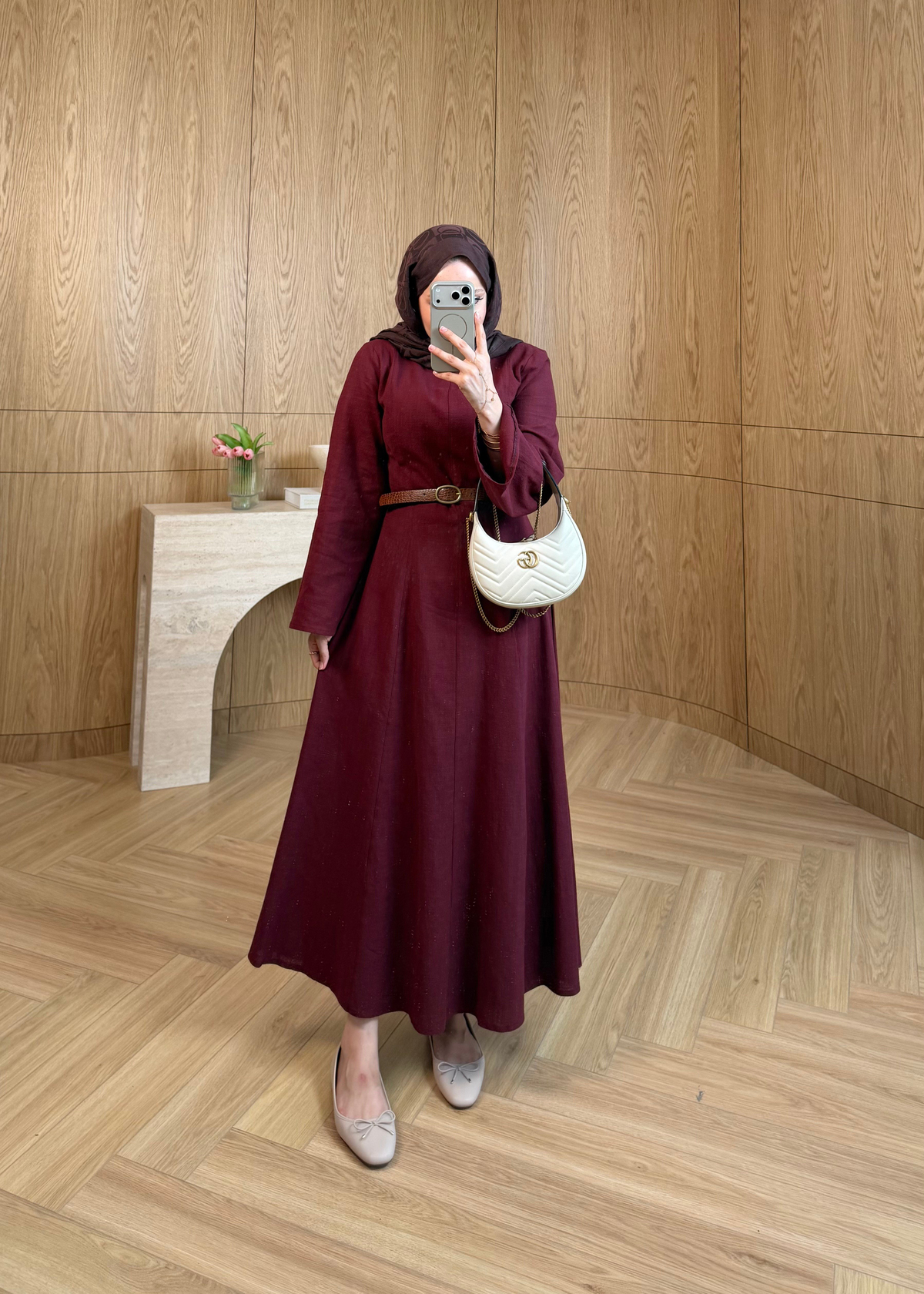 Kemerli Keten Elbise Bordo