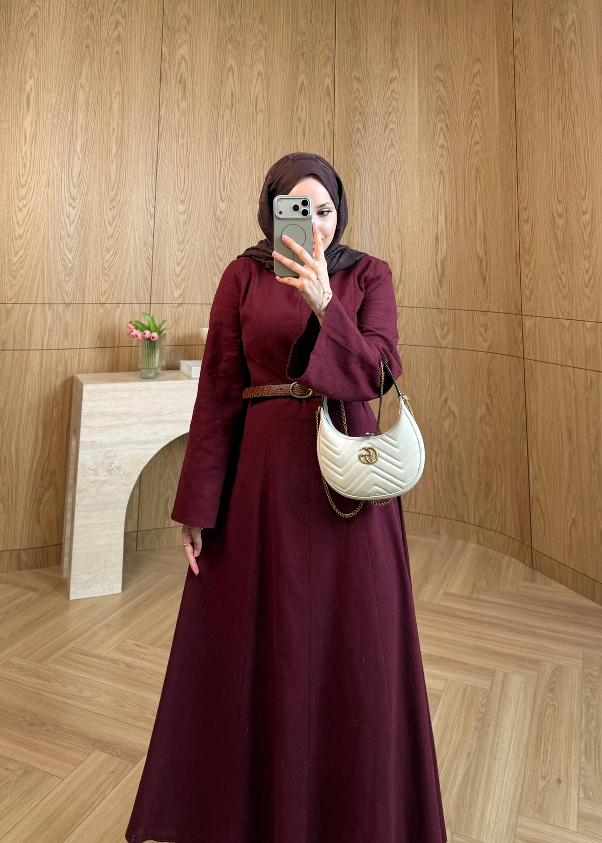 Kemerli Keten Elbise Bordo